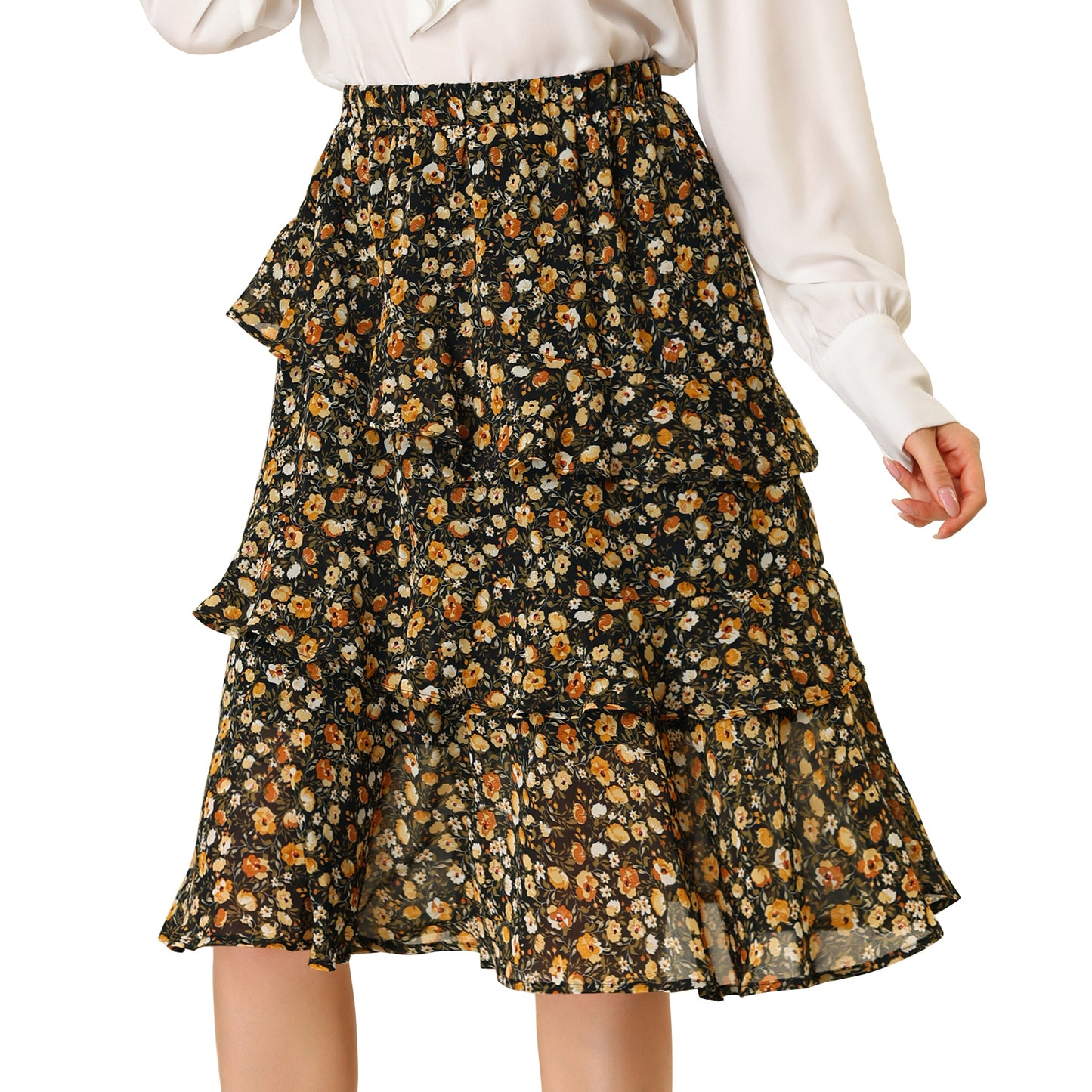 Falda midi de gasa con volantes, cintura elástica y diseño floral para mujer