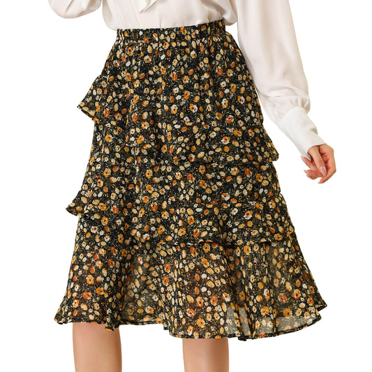 Women's Floral Layered Elastic Waist Chiffon Ruffle Midi Skirt