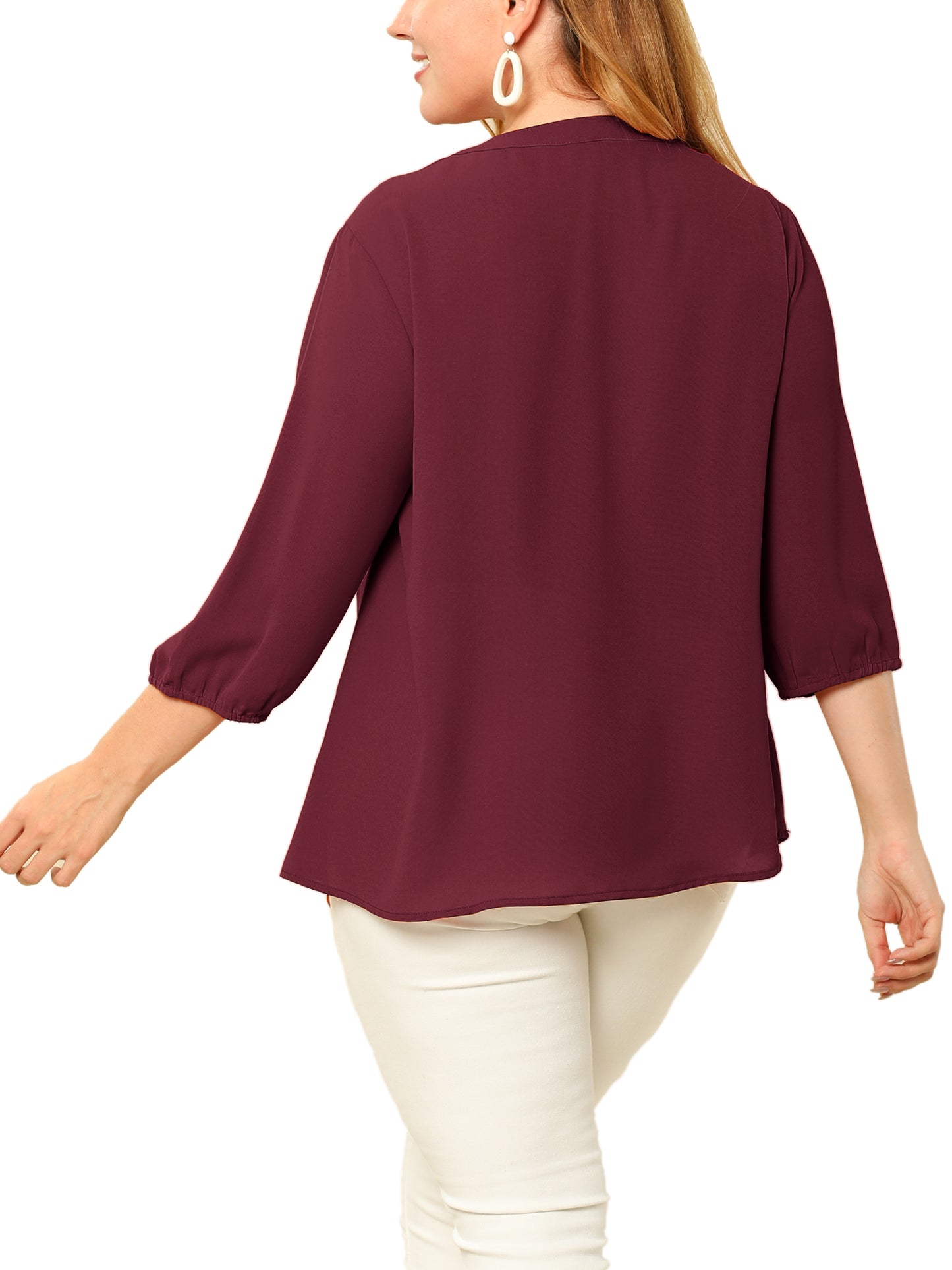 Women Plus Size Top 3/4 Sleeve Work Office Tie Front Ruffle Chiffon Blouse