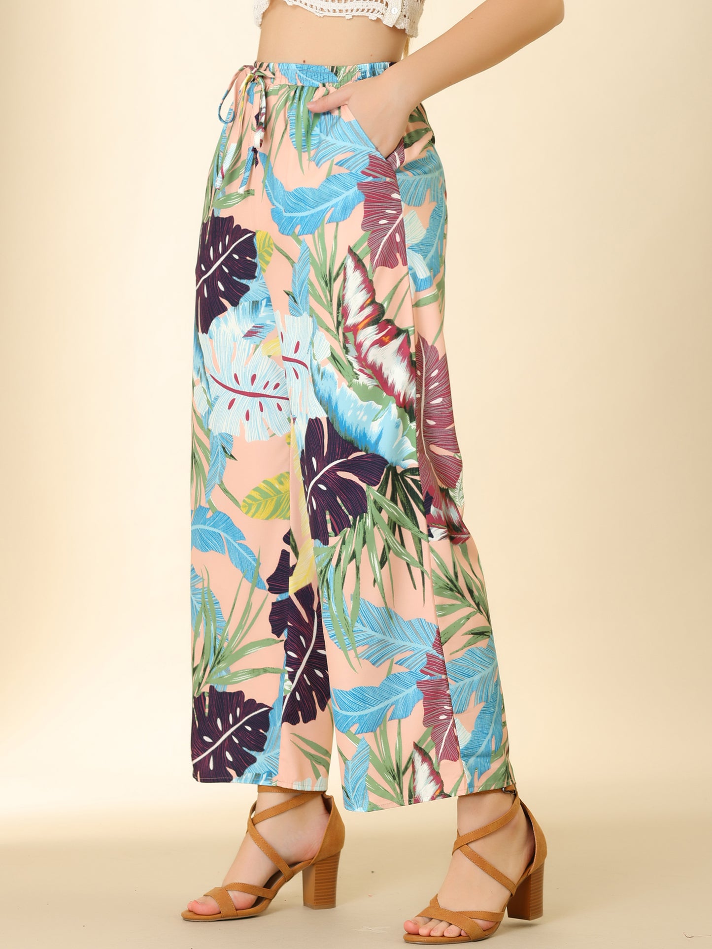 Women's Floral Palazzo Elastic Waist Casual Wide Leg Tropical Beach Pants