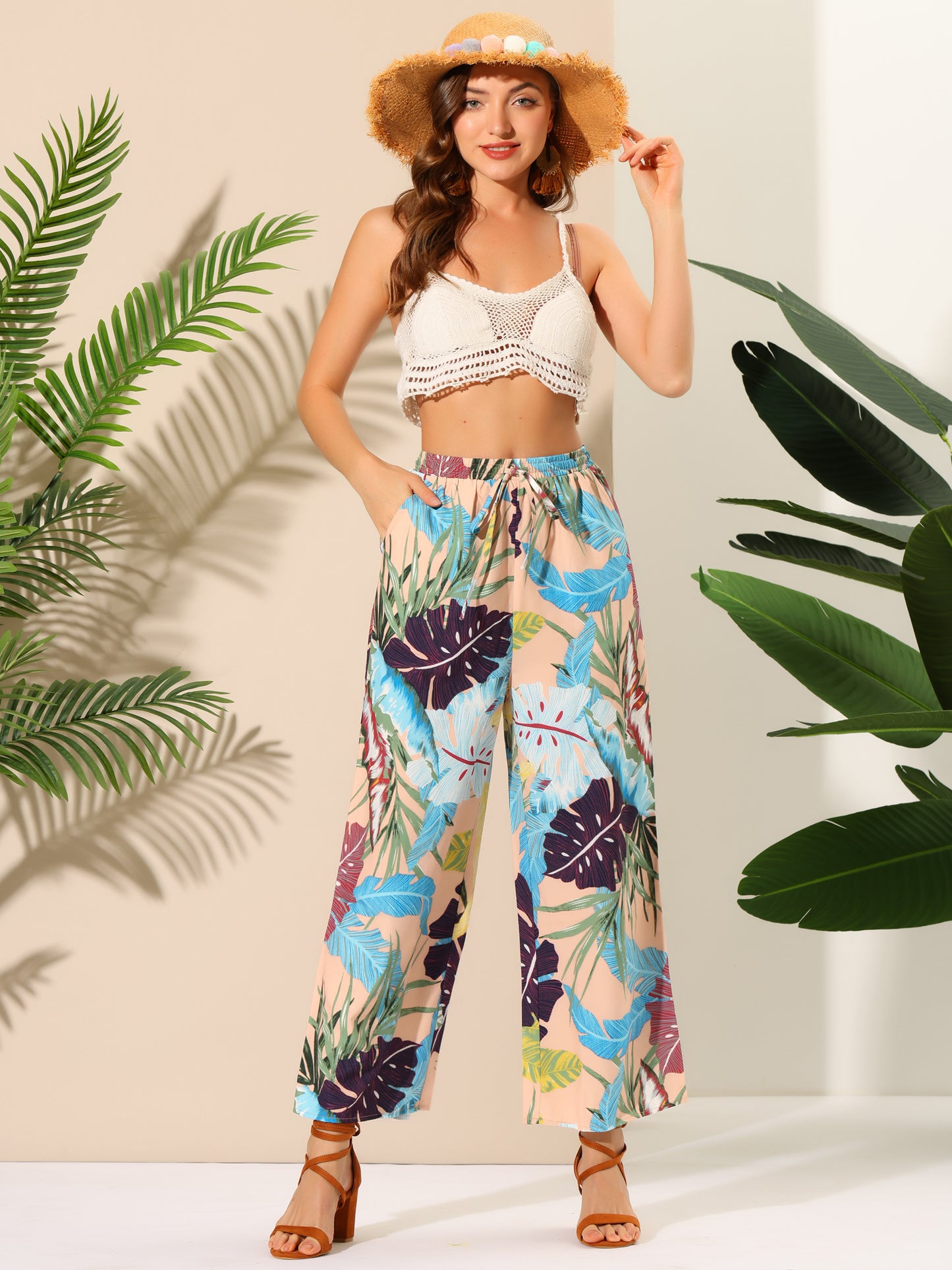 Women's Floral Palazzo Elastic Waist Casual Wide Leg Tropical Beach Pants