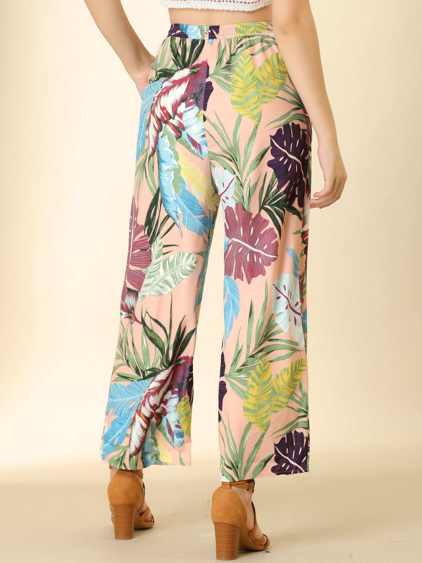 Women's Floral Palazzo Elastic Waist Casual Wide Leg Tropical Beach Pants