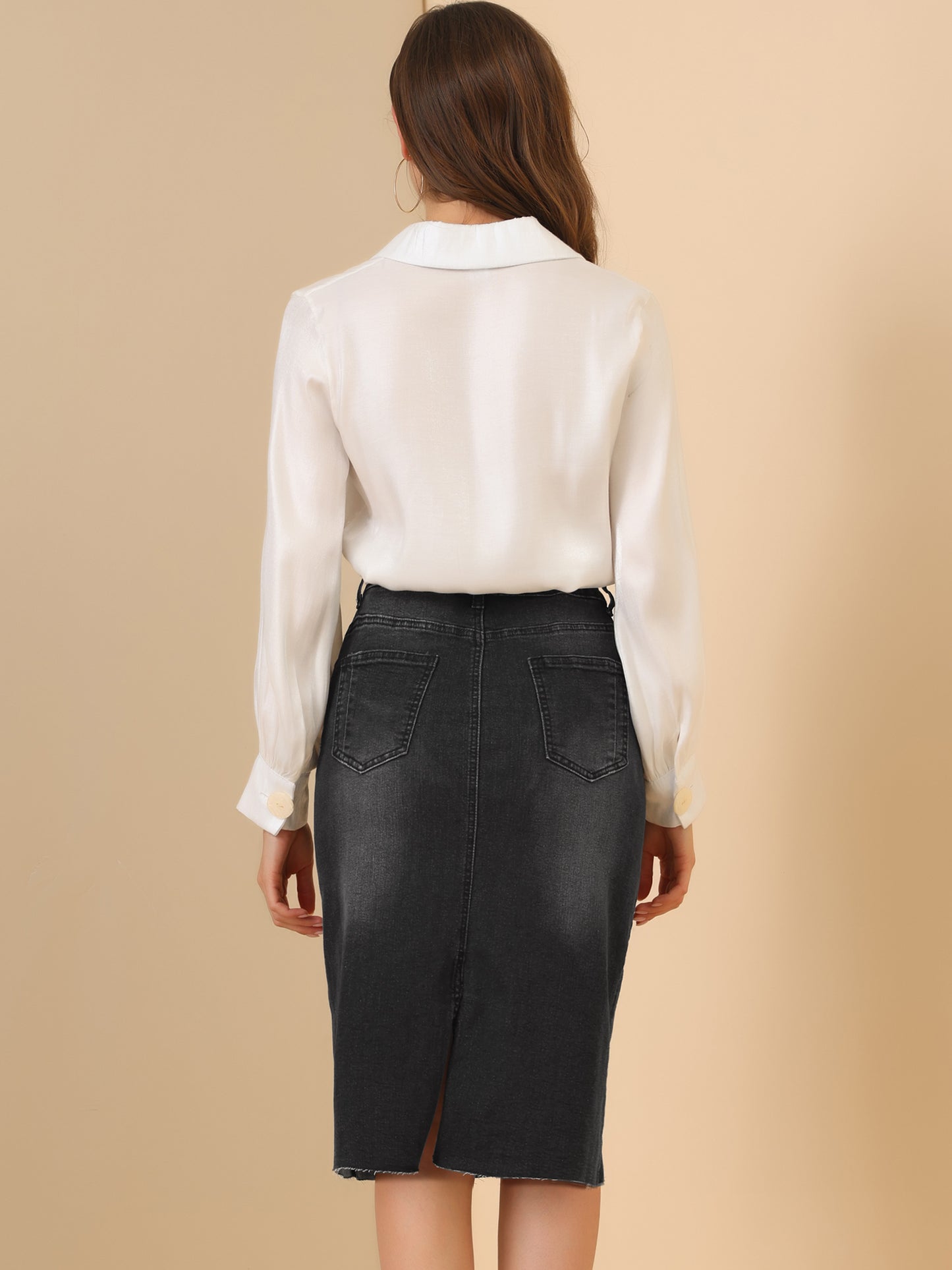 Women's Casual Jean Skirt High Waist Back Slit Stretch Denim Skirt (Available in Plus Size)
