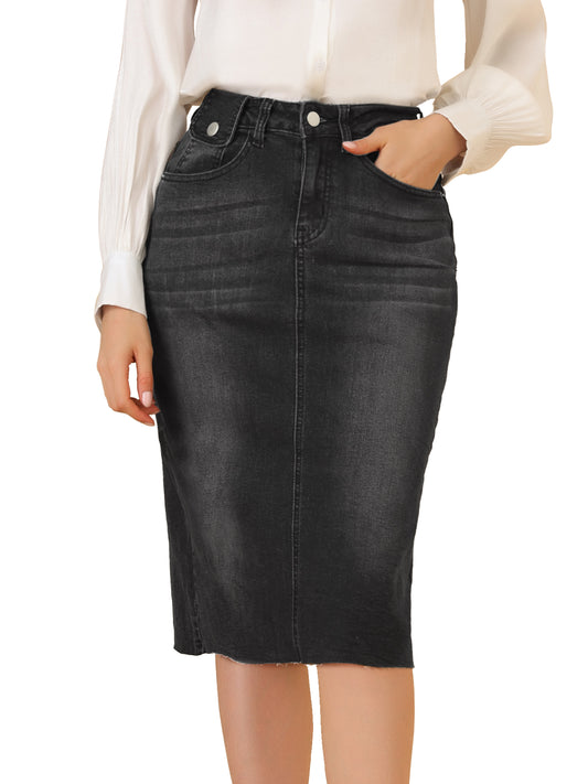 Women's Casual Jean Skirt High Waist Back Slit Stretch Denim Skirt (Available in Plus Size)
