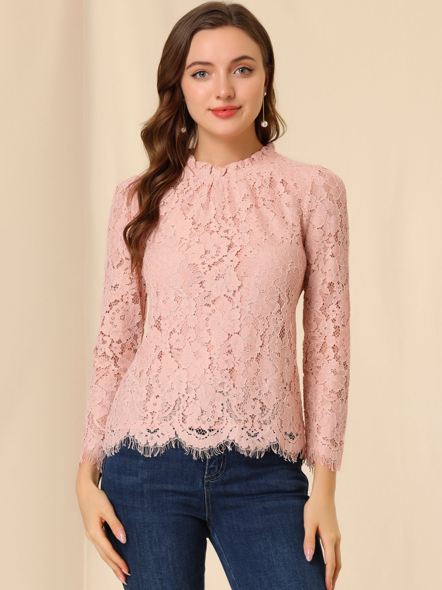 Blusa elegante de manga larga con encaje y peplum para mujer