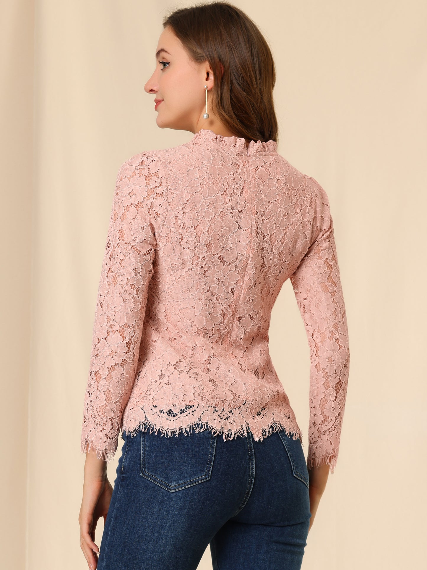 Blusa elegante de manga larga con encaje y peplum para mujer