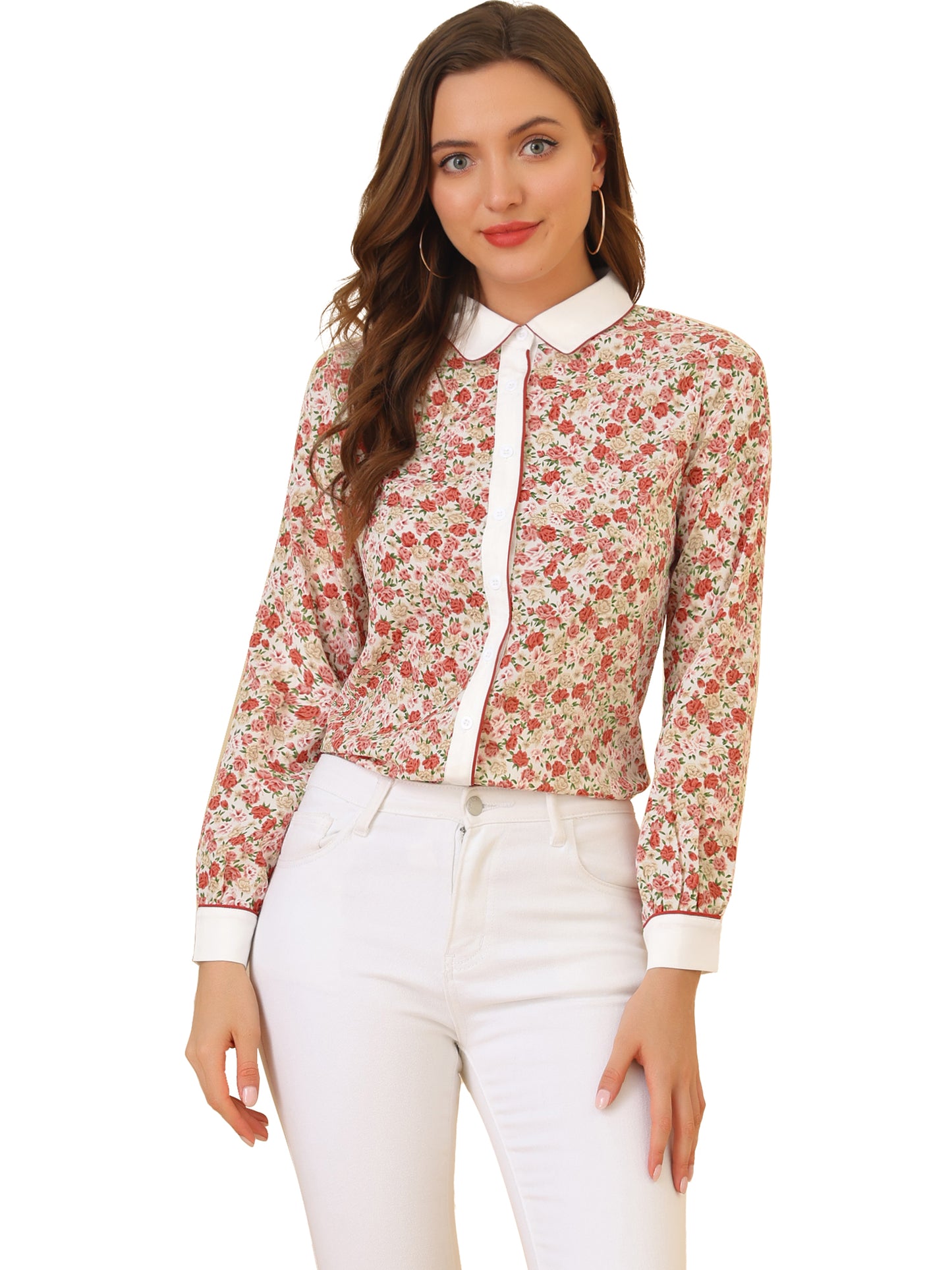 Women's Button Down Shirt Long Sleeve Contrast Collar Floral Top