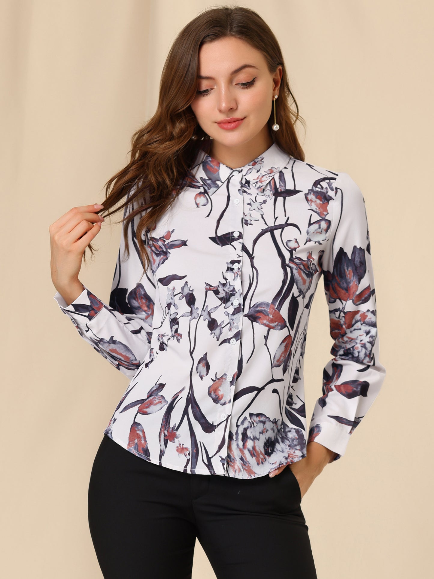 Women's Tie Neck Abstract Floral Print Long Sleeve Point Collar Shirt
