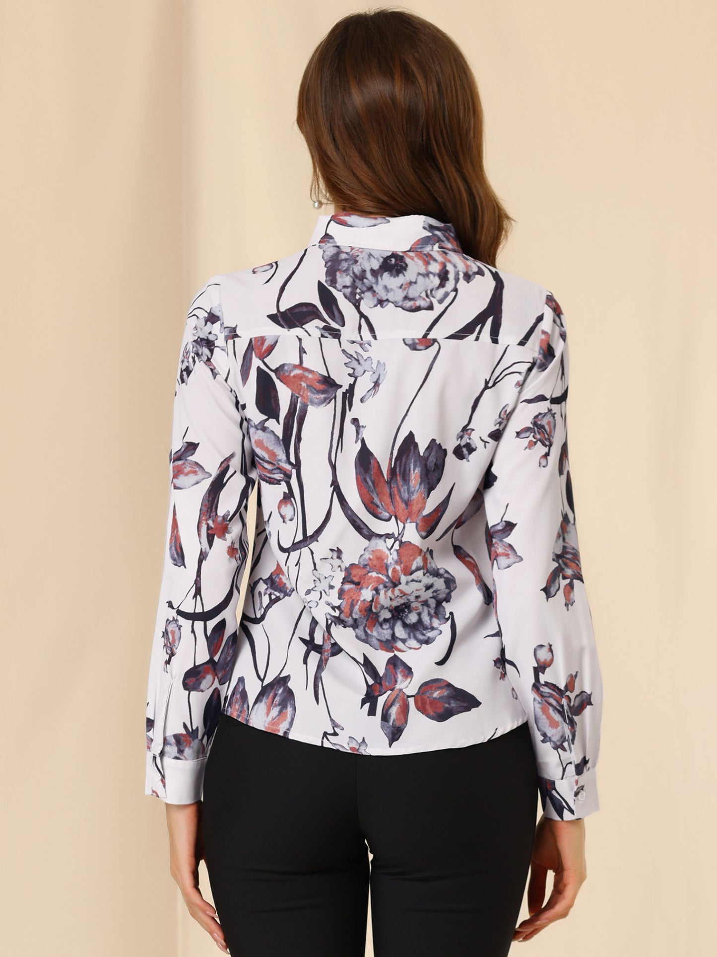 Women's Tie Neck Abstract Floral Print Long Sleeve Point Collar Shirt