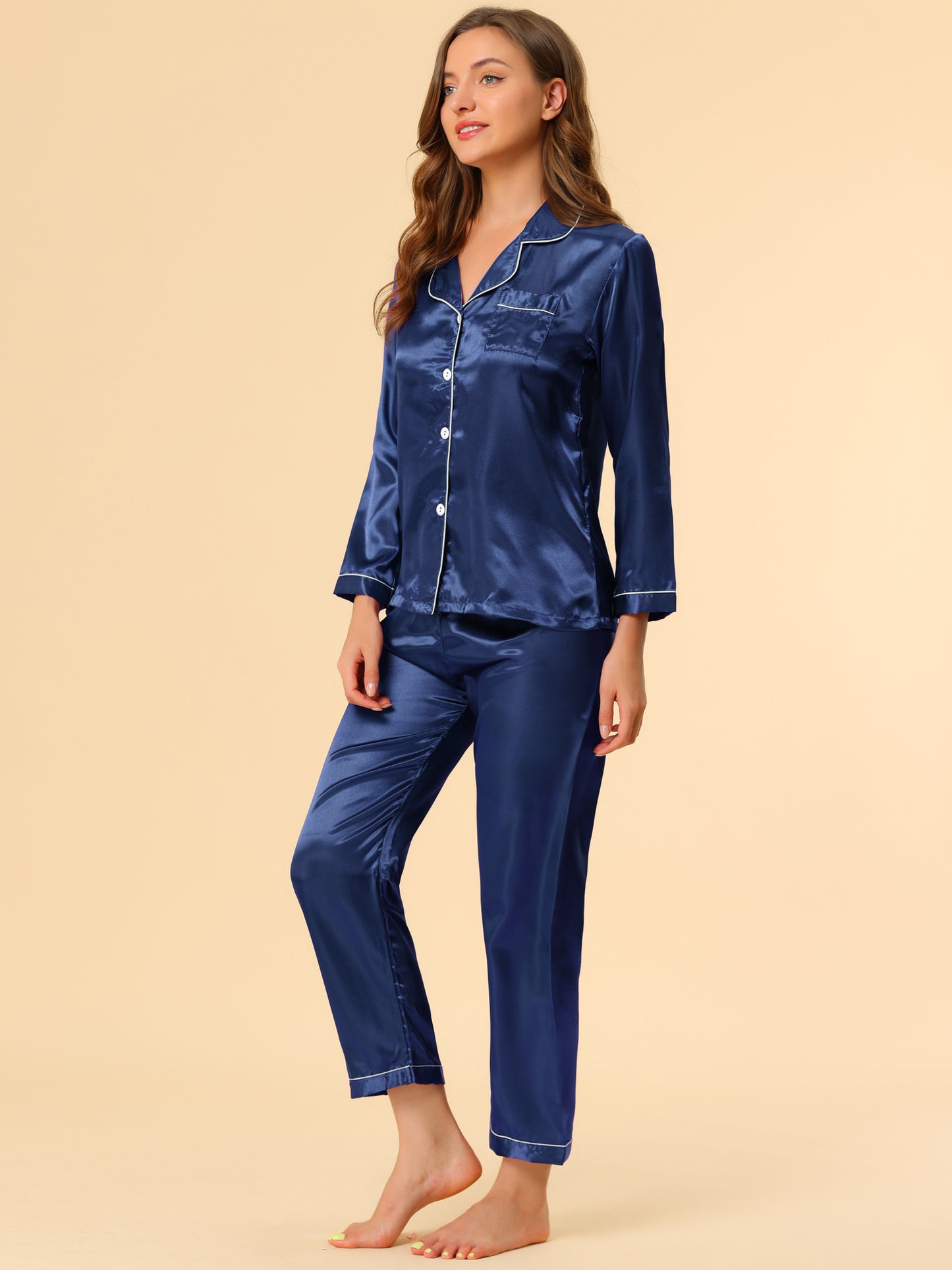 Women's Pajama Sets Sleepwear Button Down Satin Night Suit Lounge Sets