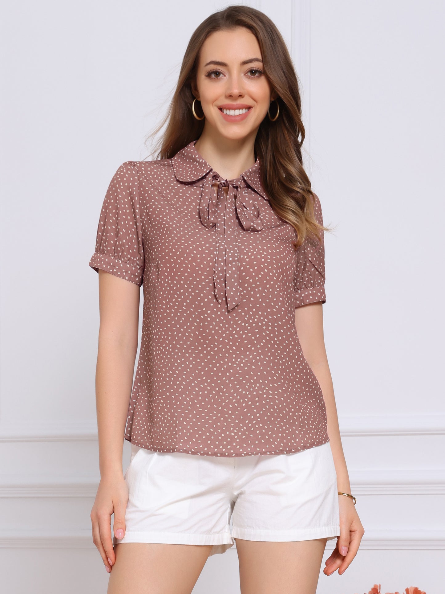Women's Retro Printed Bow Tie Peter Pan Collar Chiffon Blouse Shirt (Available in Plus Size)
