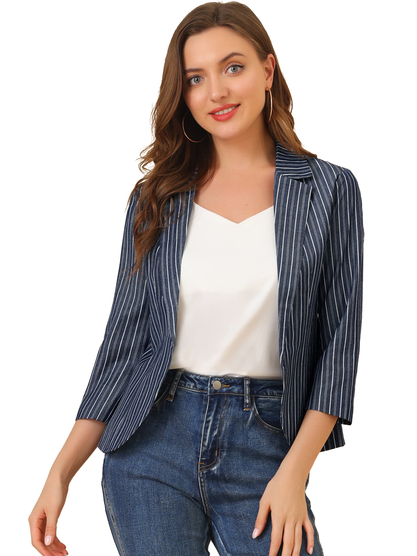 Women's Striped Open Front 3/4 Sleeves Notched Lapel Business Casual Blazer (Available in Plus Size)