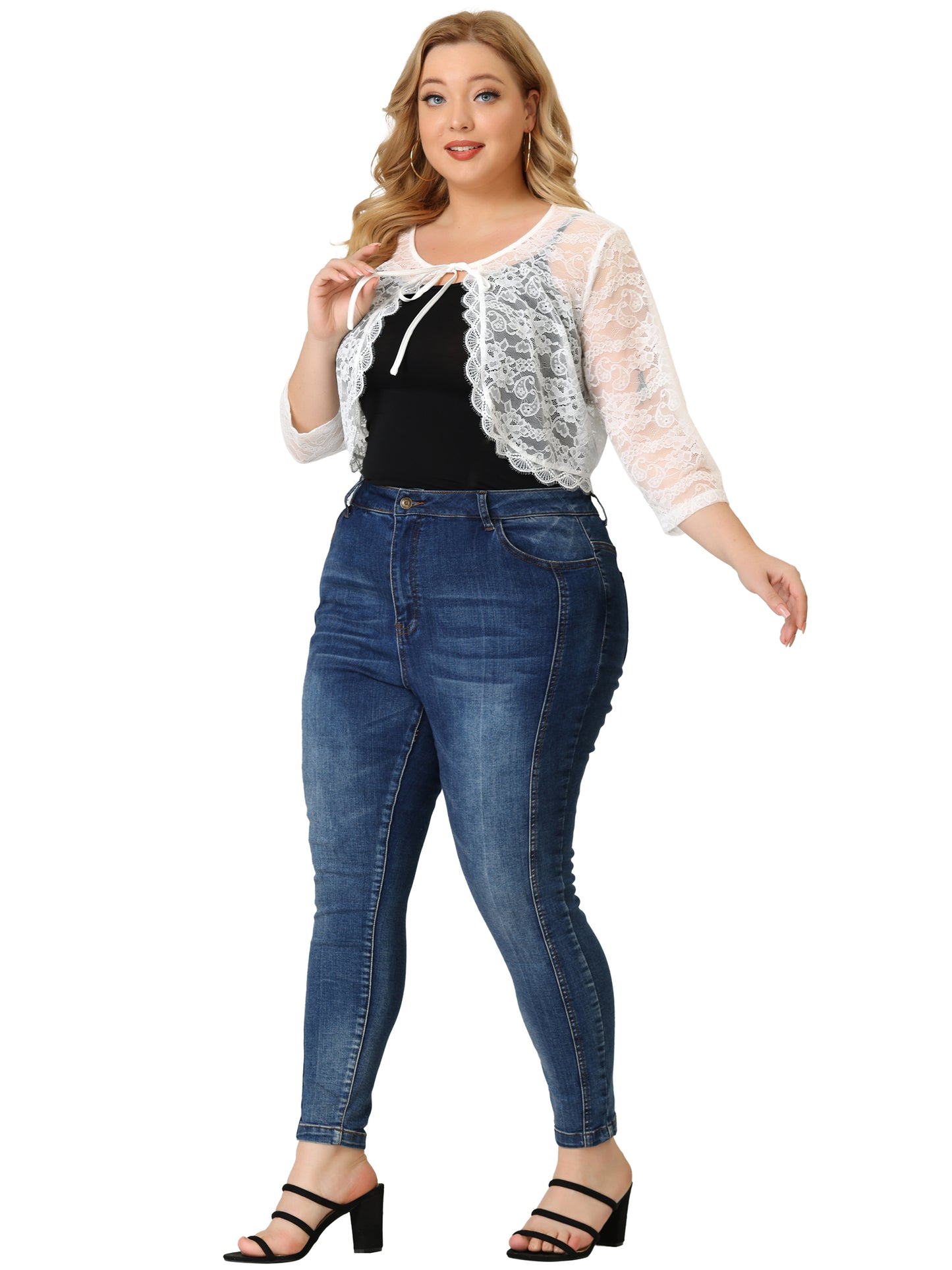 Women's Plus Size Bolero Cardigan Tie Front Crop Floral Sheer Lace Shrug