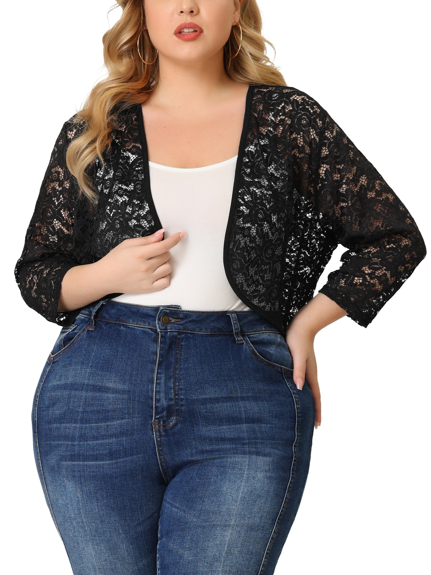Women Plus Size Floral Lace Shrug Elegant 3/4 Sleeve Lightweight Sheer Bolero Cardigan