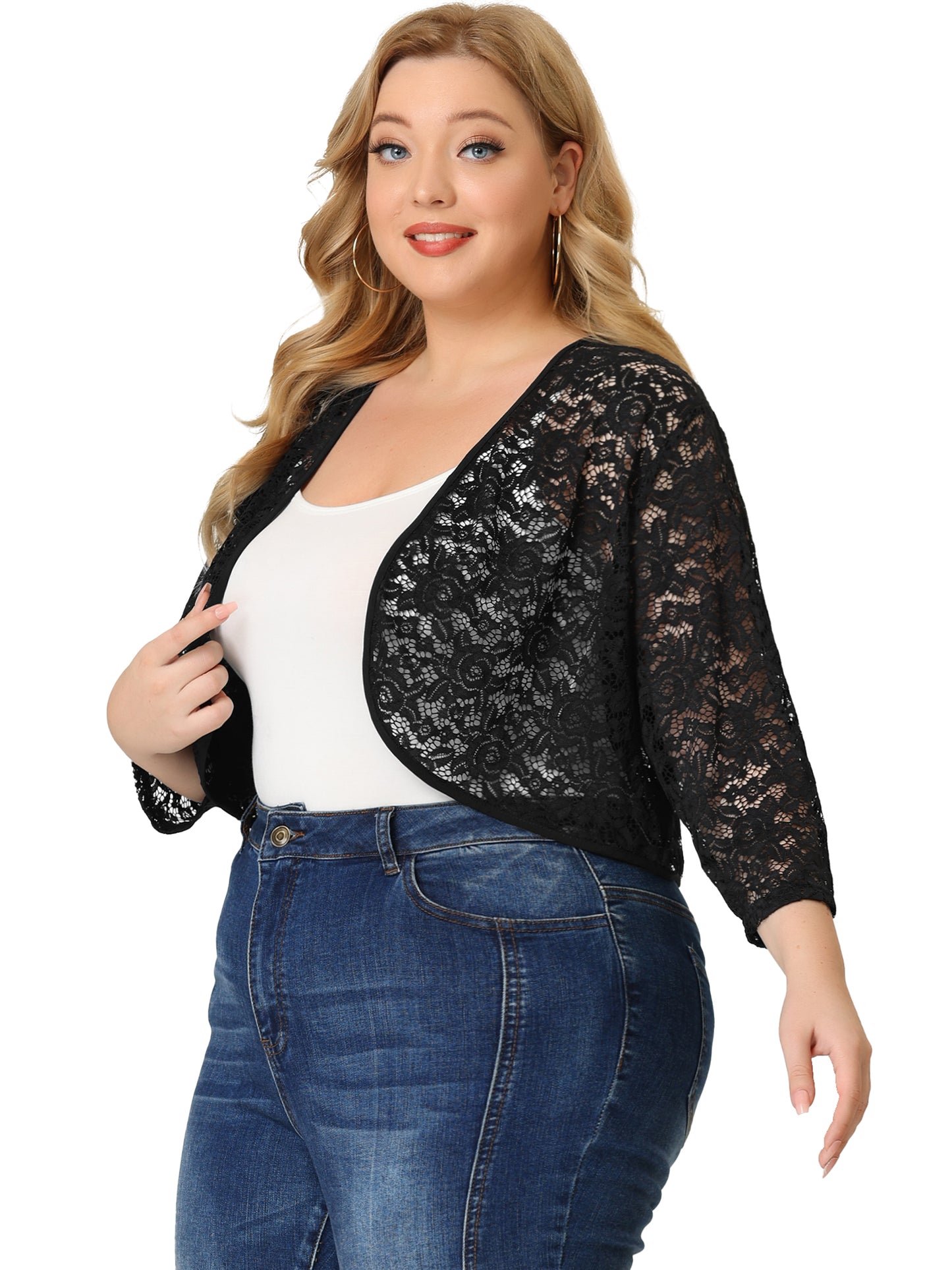 Women Plus Size Floral Lace Shrug Elegant 3/4 Sleeve Lightweight Sheer Bolero Cardigan