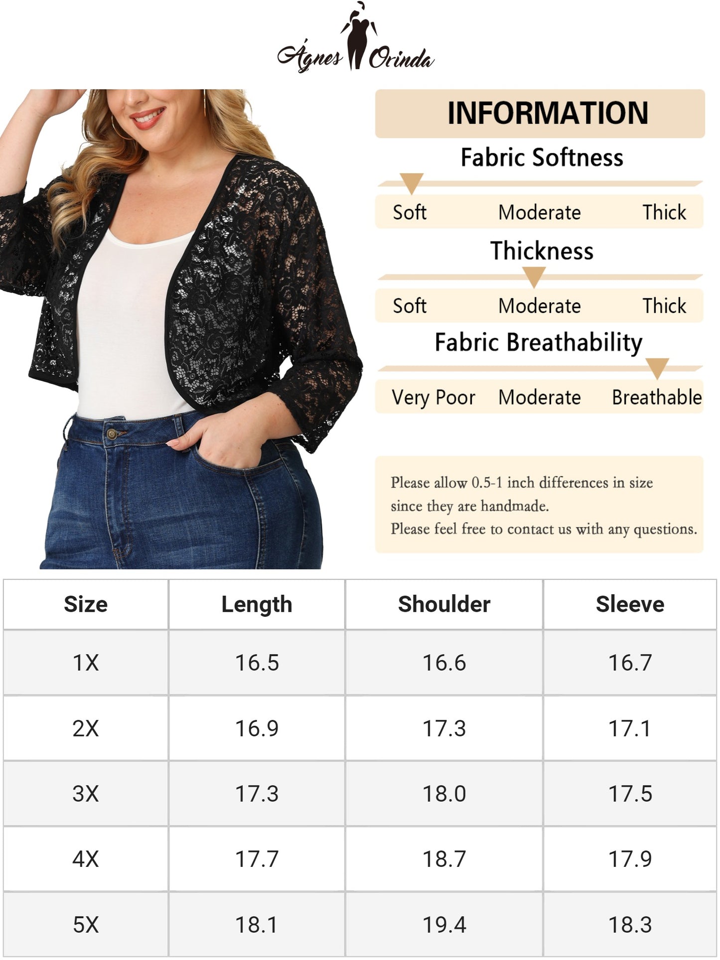 Women Plus Size Floral Lace Shrug Elegant 3/4 Sleeve Lightweight Sheer Bolero Cardigan