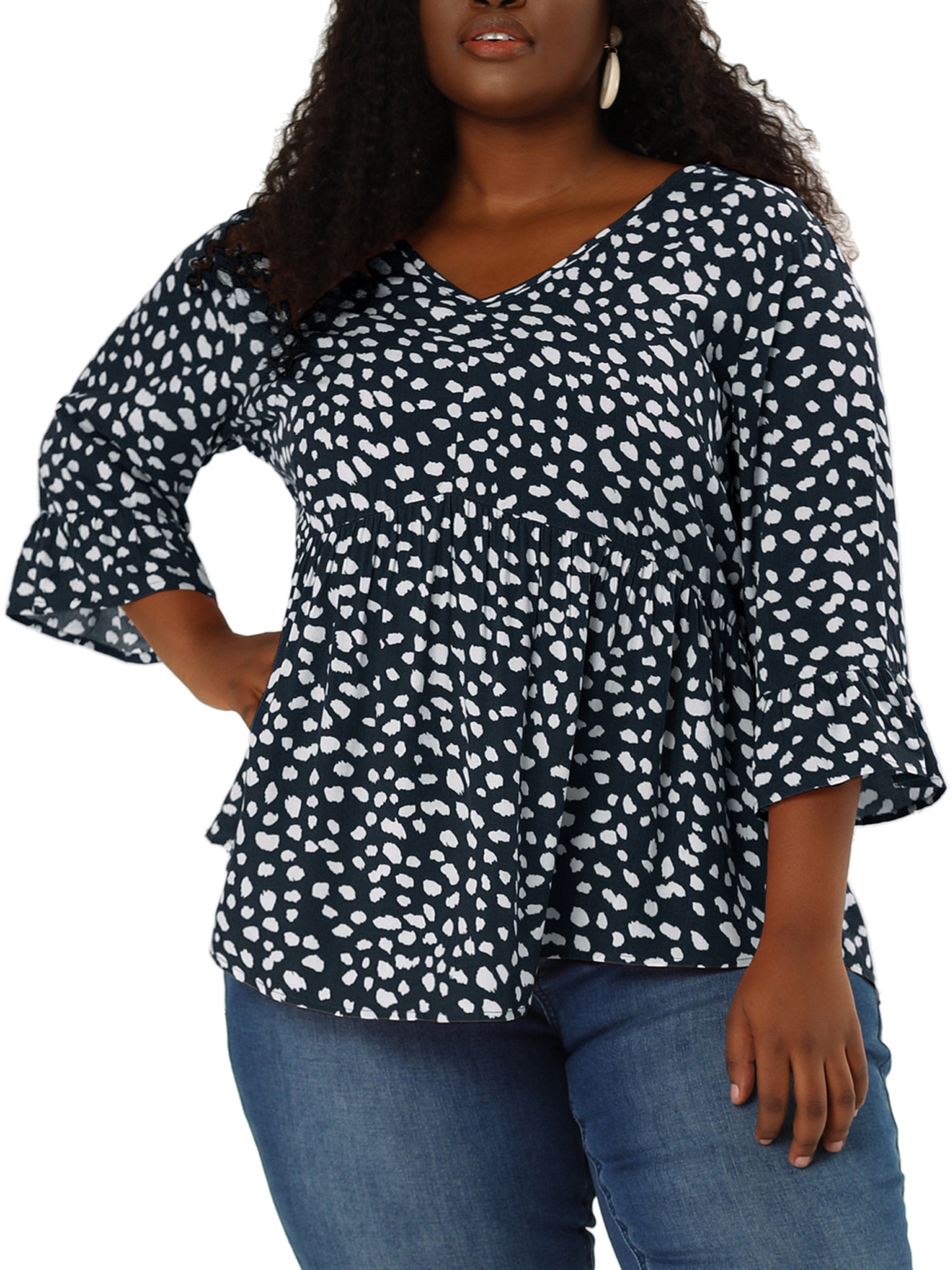 Women Plus Size Polka Dots Blouses V Neck 3/4 Ruffle Sleeve Peplum Top