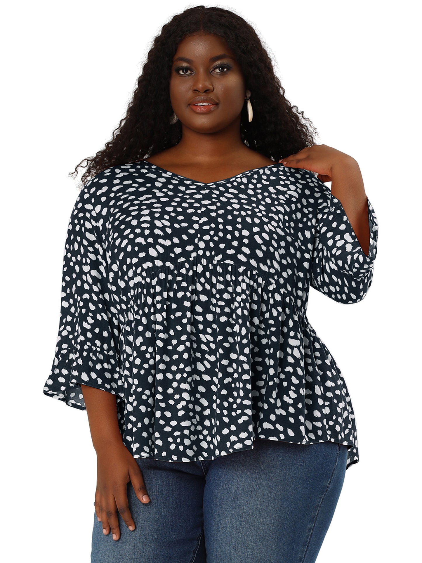Women Plus Size Polka Dots Blouses V Neck 3/4 Ruffle Sleeve Peplum Top