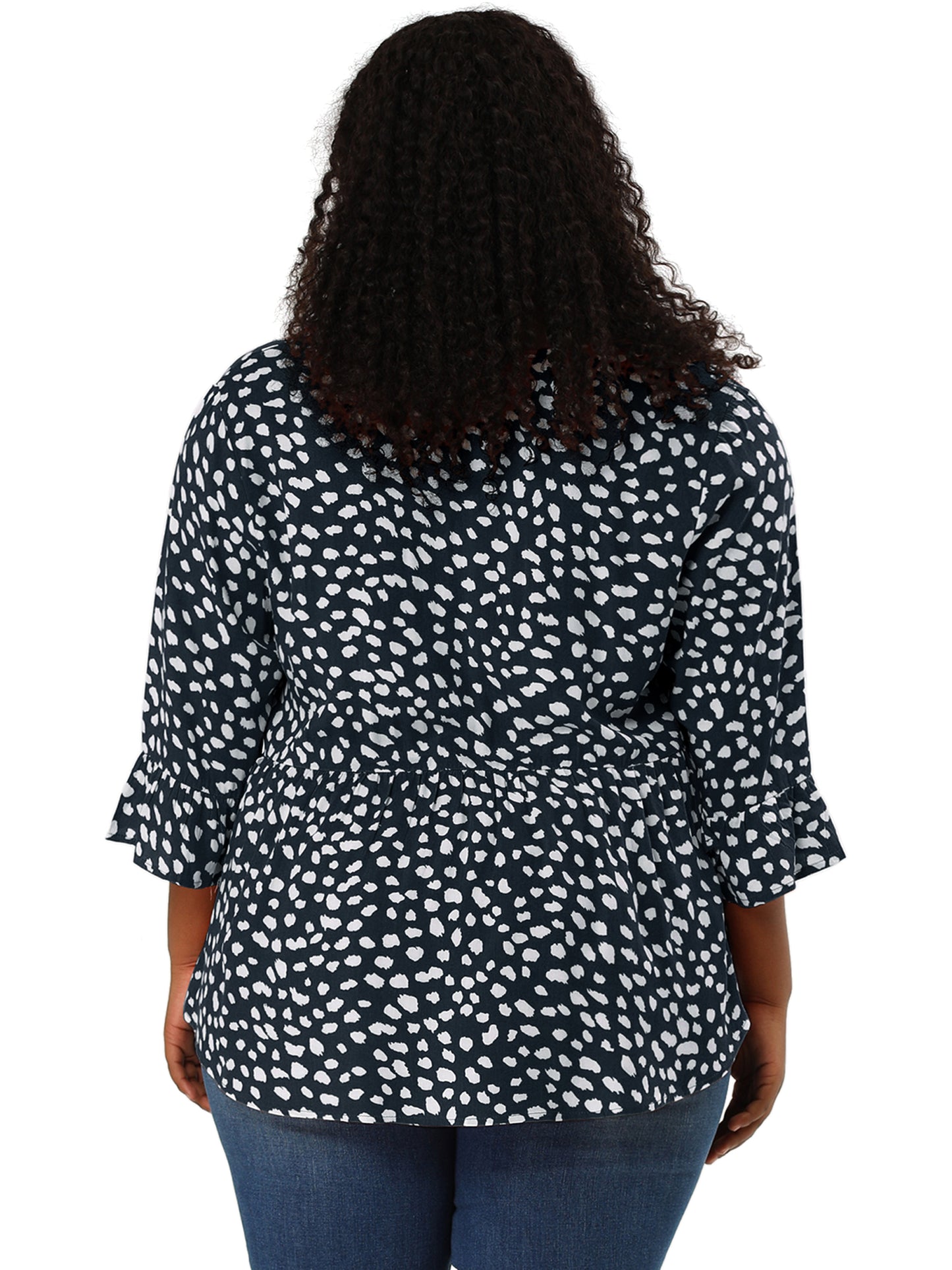 Women Plus Size Polka Dots Blouses V Neck 3/4 Ruffle Sleeve Peplum Top