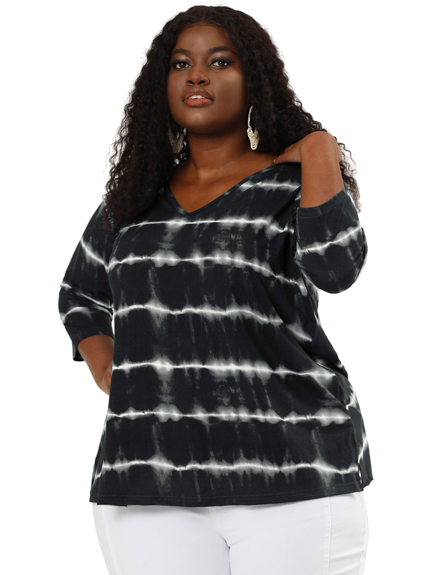 Women Plus Size T Shirt V Neck 3/4 Sleeve Loose Casual Blouse Striped Tie Dye Print