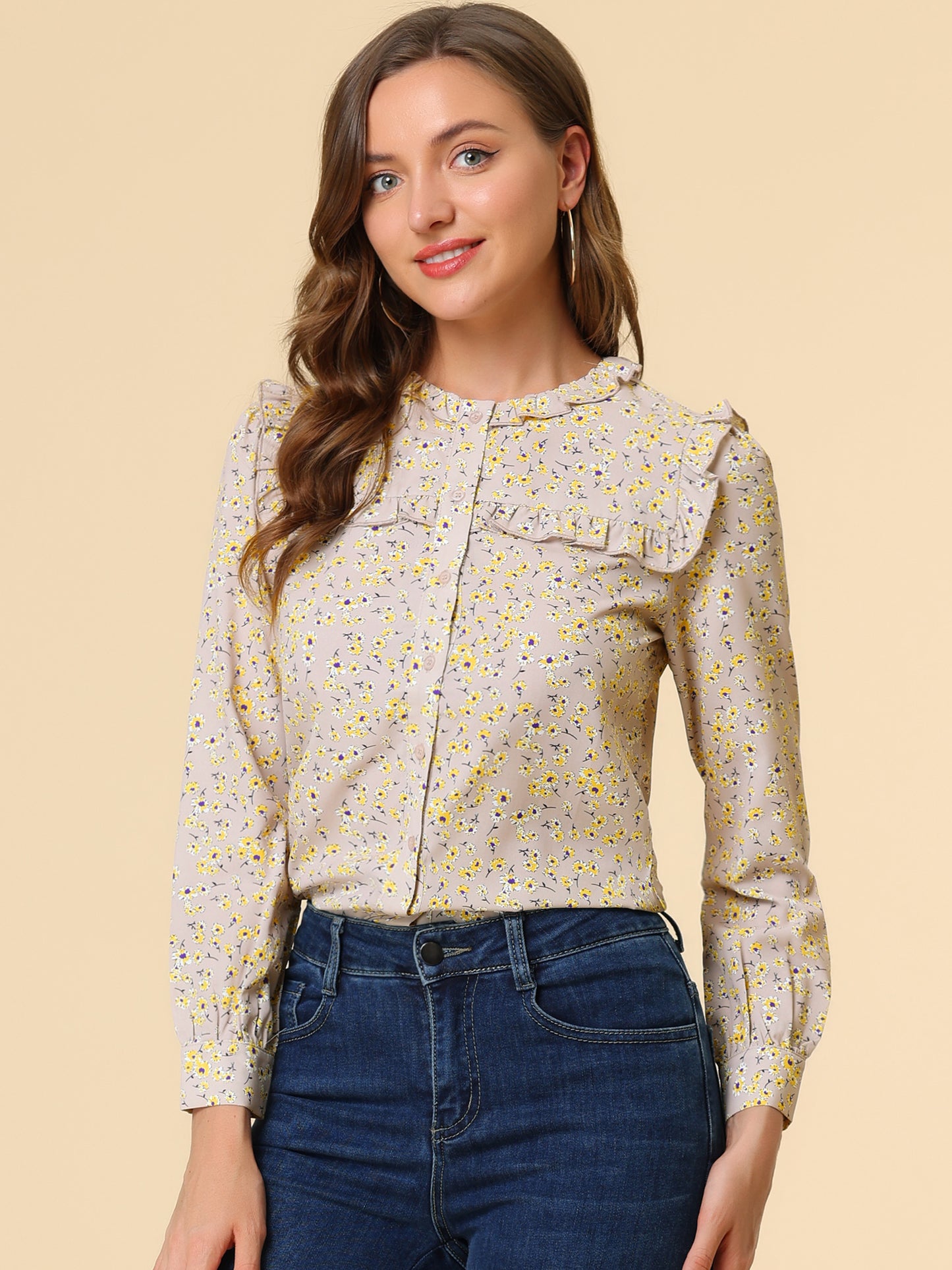 Women's Victorian Ruffled Neck Long Sleeve Ditsy Floral Blouse Shirt