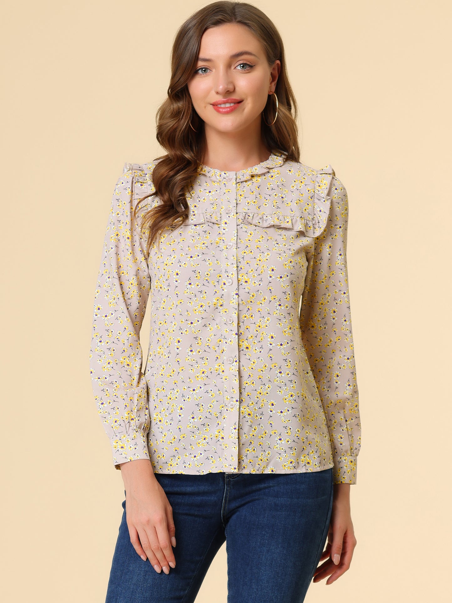Women's Victorian Ruffled Neck Long Sleeve Ditsy Floral Blouse Shirt