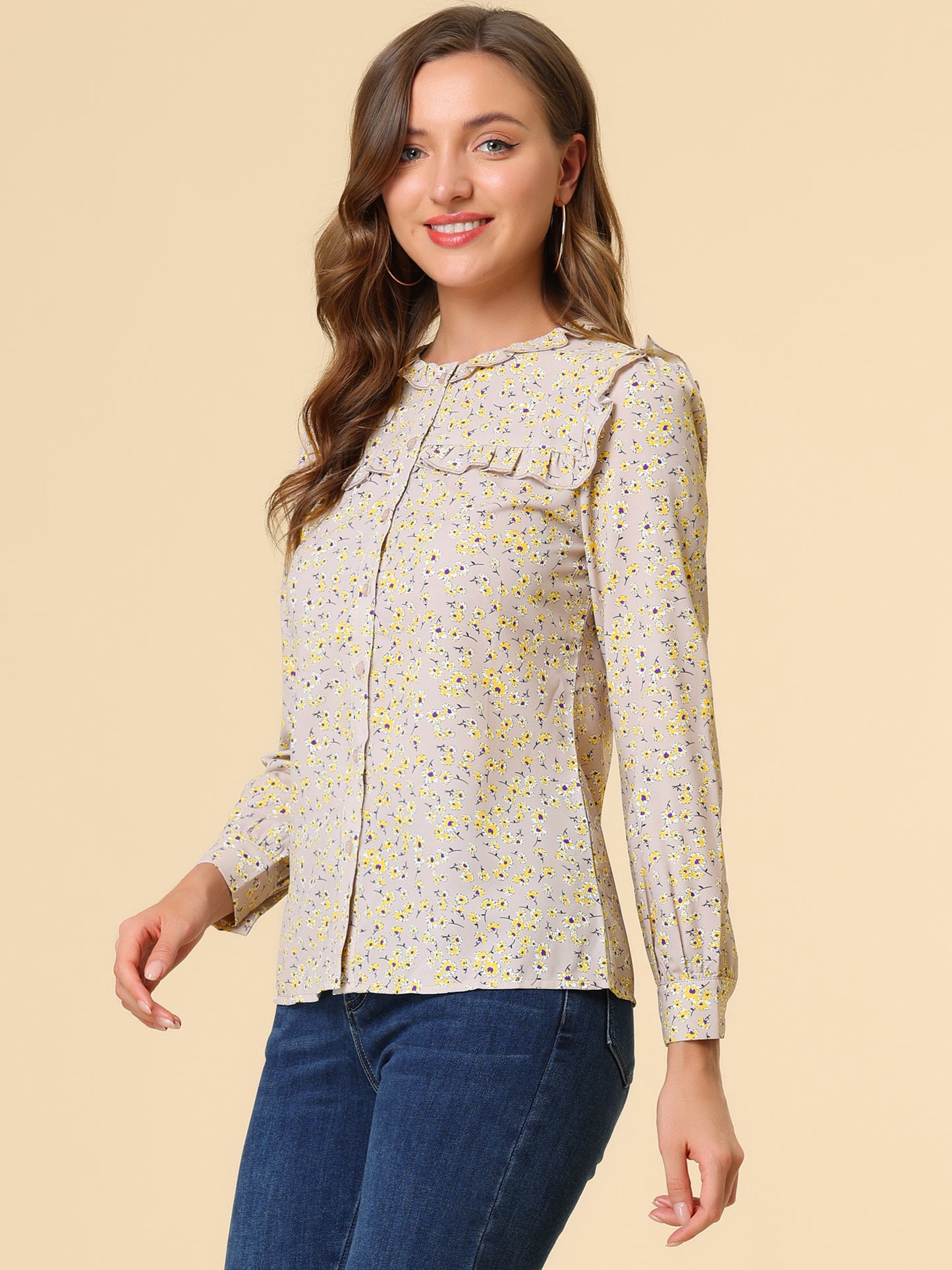 Women's Victorian Ruffled Neck Long Sleeve Ditsy Floral Blouse Shirt