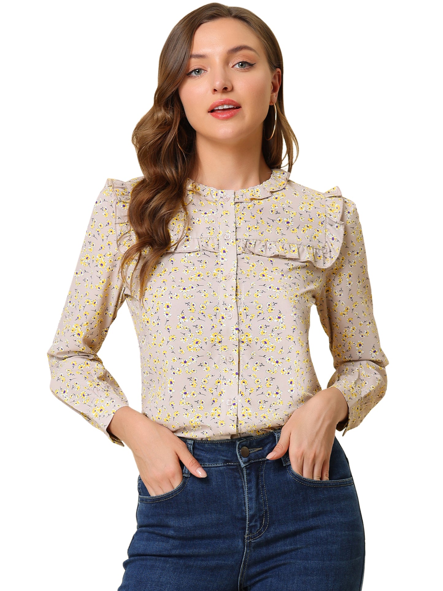 Women's Victorian Ruffled Neck Long Sleeve Ditsy Floral Blouse Shirt