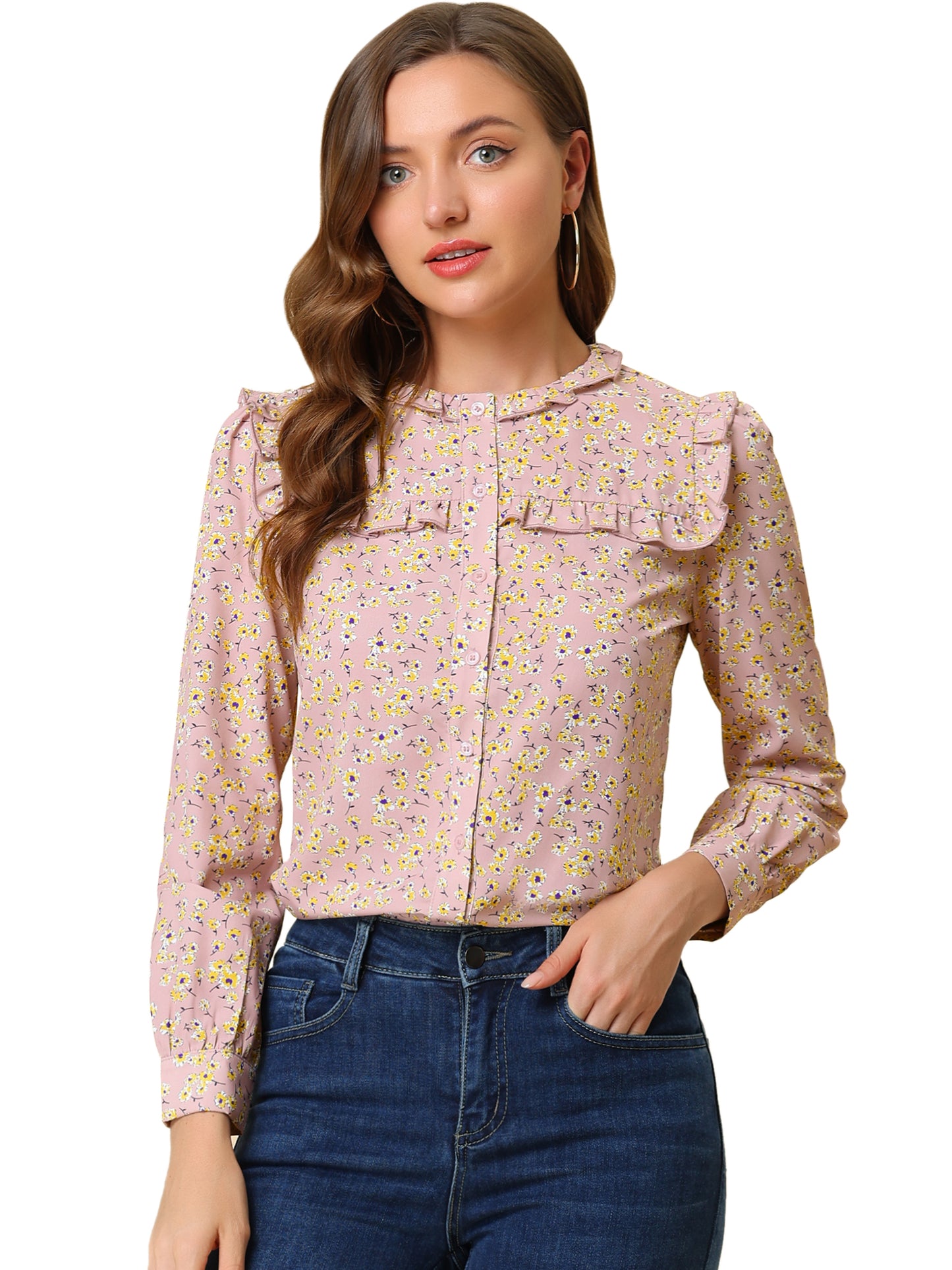 Women's Victorian Ruffled Neck Long Sleeve Ditsy Floral Blouse Shirt