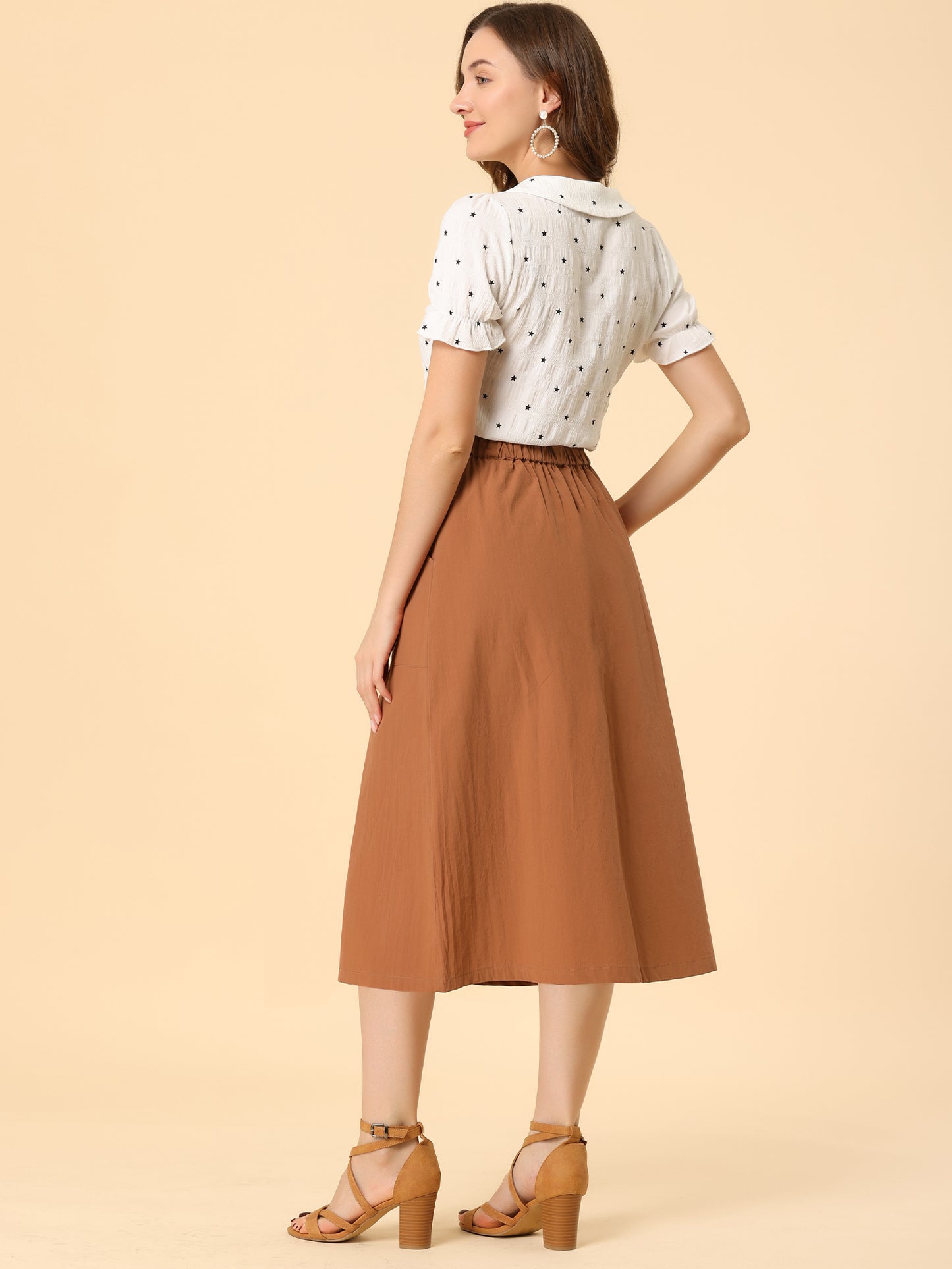 Women's Casual Cotton Skirt Elastic Waist Scrub Peasant A-Line Midi Skirts with Pockets (Available in Plus Size)