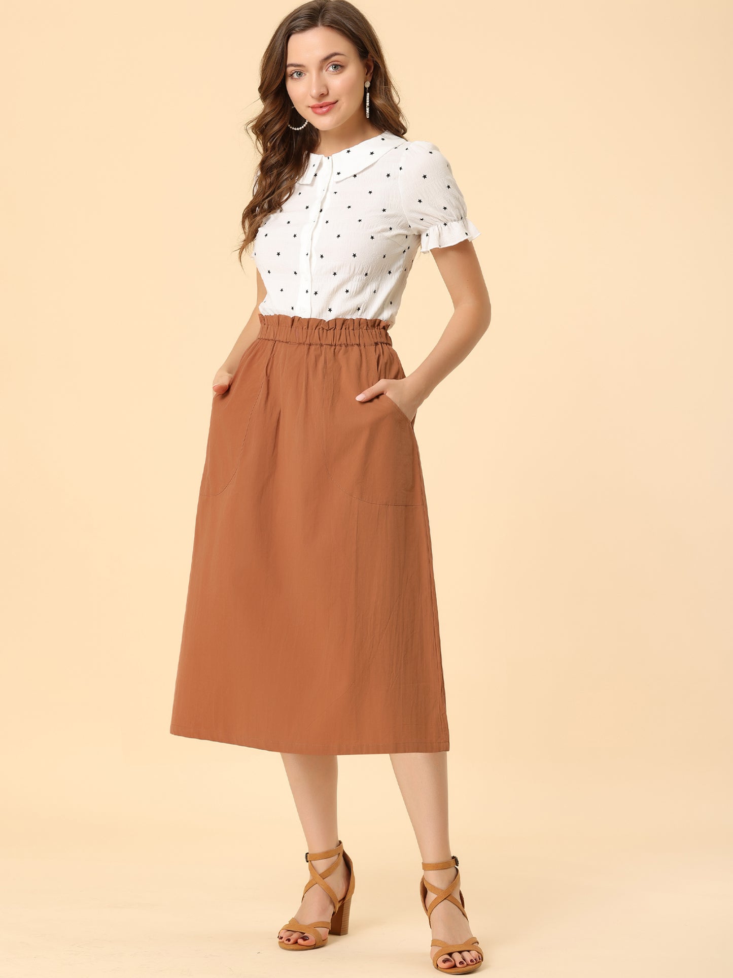 Women's Casual Cotton Skirt Elastic Waist Scrub Peasant A-Line Midi Skirts with Pockets (Available in Plus Size)