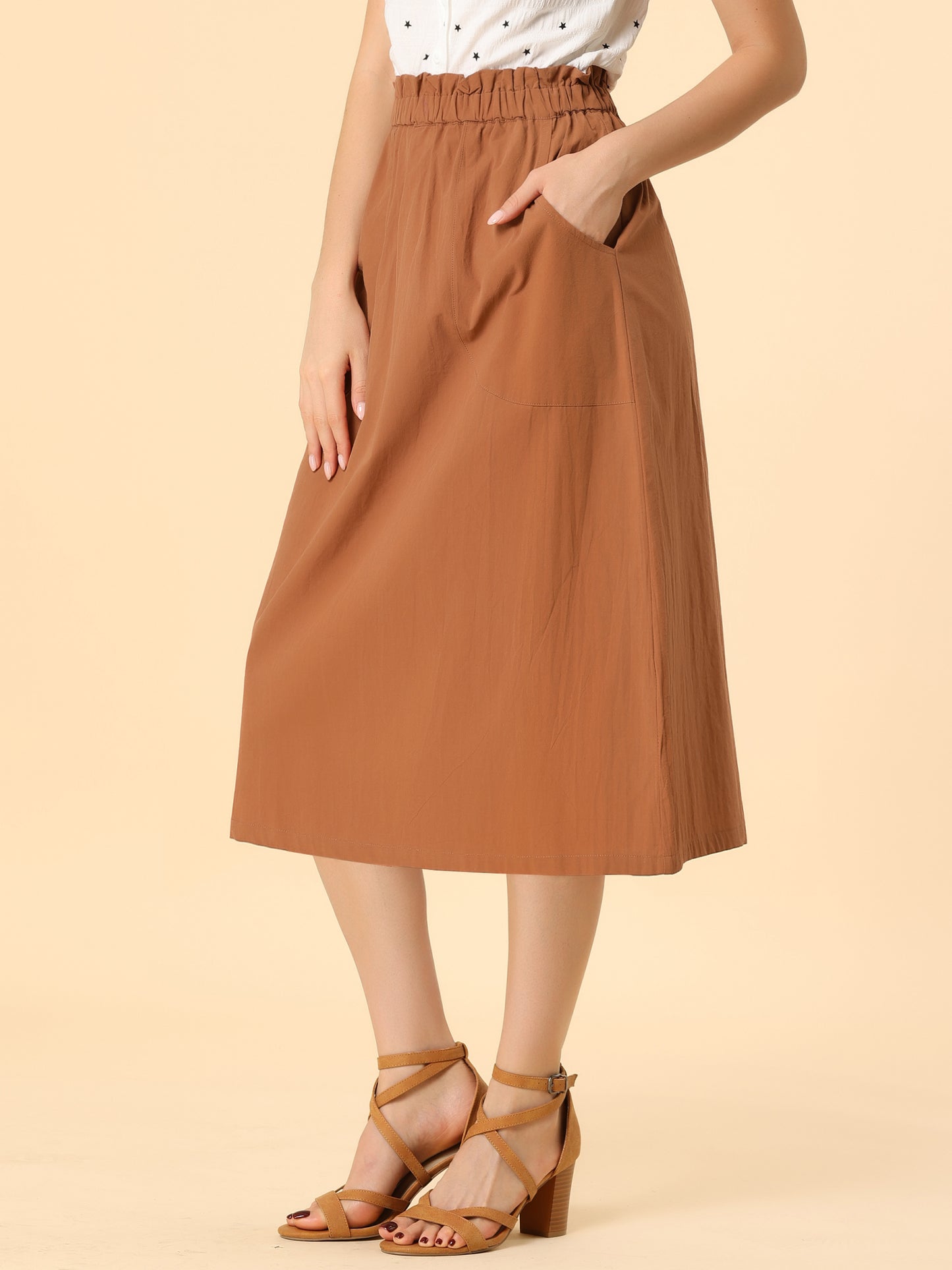 Women's Casual Cotton Skirt Elastic Waist Scrub Peasant A-Line Midi Skirts with Pockets (Available in Plus Size)