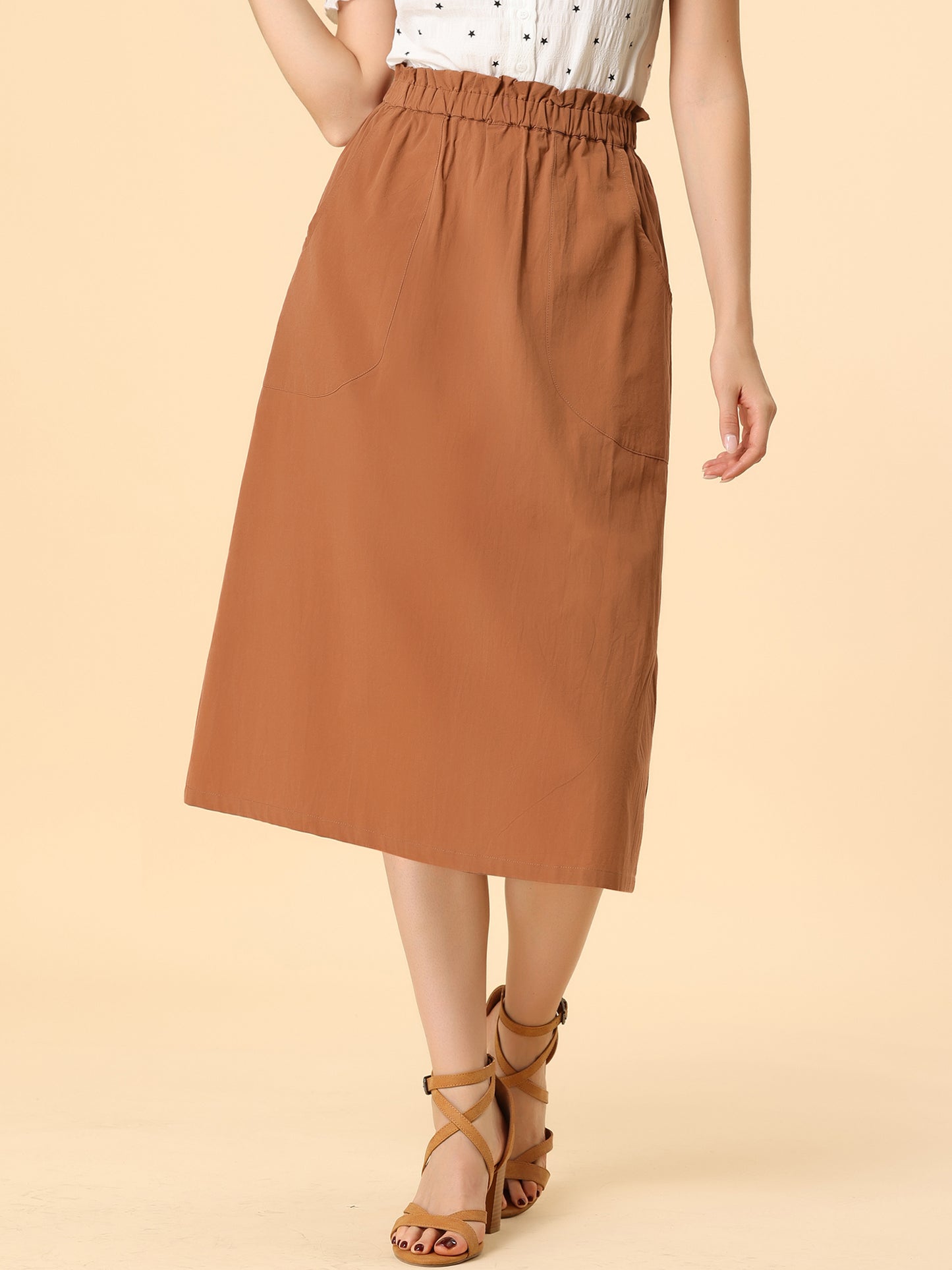 Women's Casual Cotton Skirt Elastic Waist Scrub Peasant A-Line Midi Skirts with Pockets (Available in Plus Size)