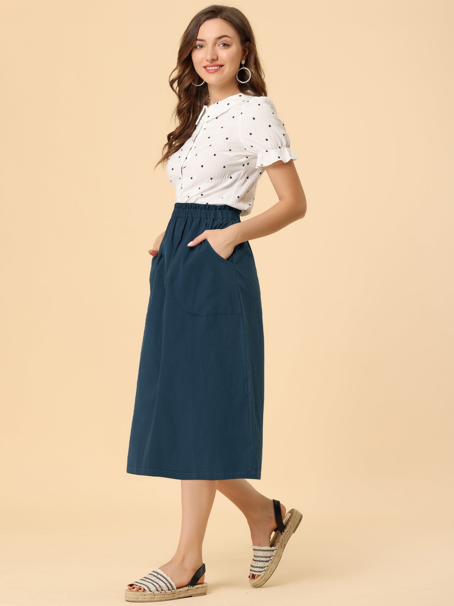Falda informal de algodón para mujer, estilo campesino, con cintura elástica y bolsillos.