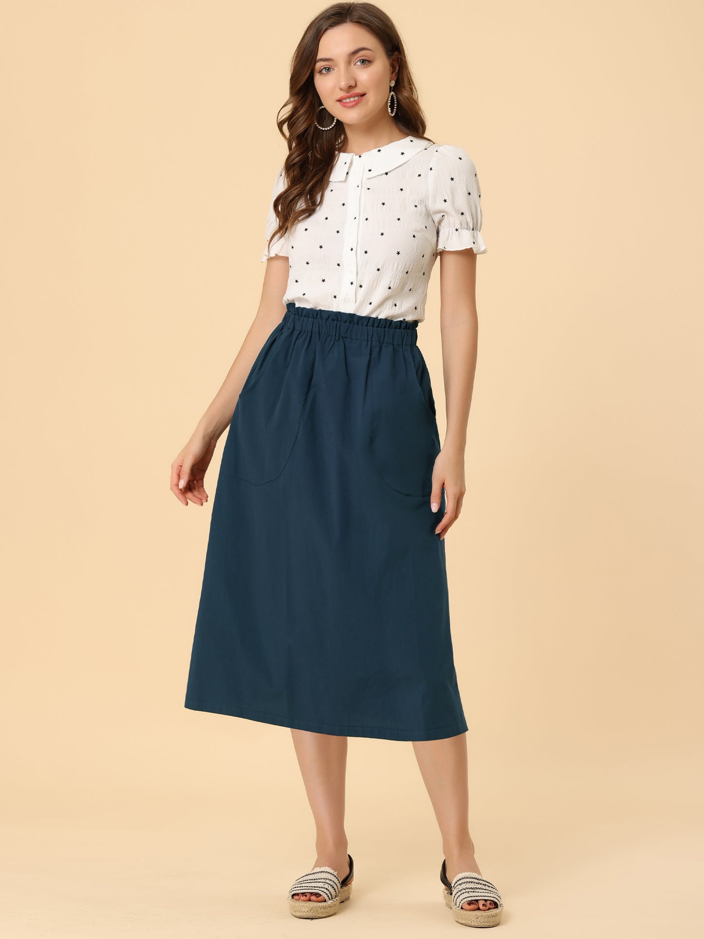 Falda informal de algodón para mujer, estilo campesino, con cintura elástica y bolsillos.