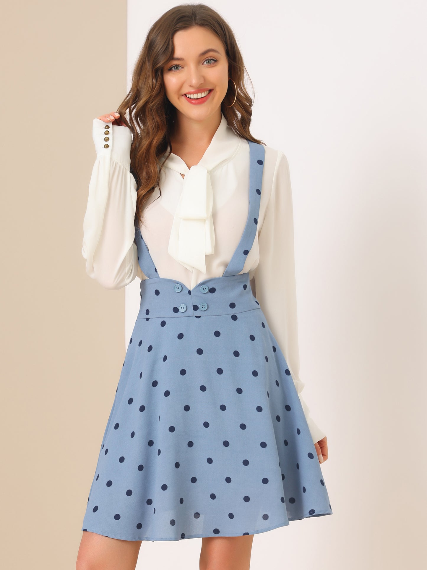 Womens High Waist Flared Skater Pinafore Overalls Polka Dots Suspender Skirts