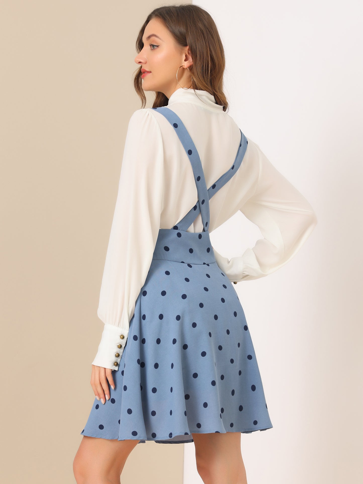 Womens High Waist Flared Skater Pinafore Overalls Polka Dots Suspender Skirts