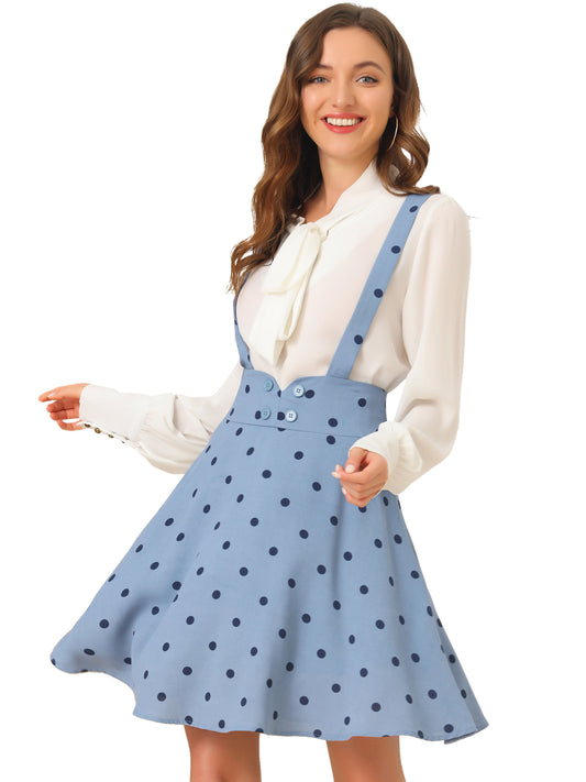 Womens High Waist Flared Skater Pinafore Overalls Polka Dots Suspender Skirts