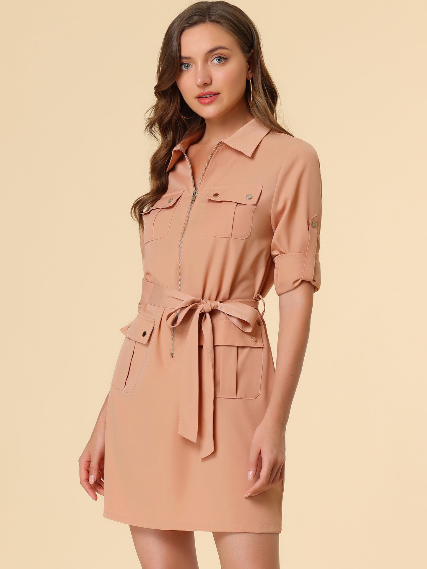 Women's Roll Up Sleeves Multi-Pocket Safari Belted Collared Shirt Dress