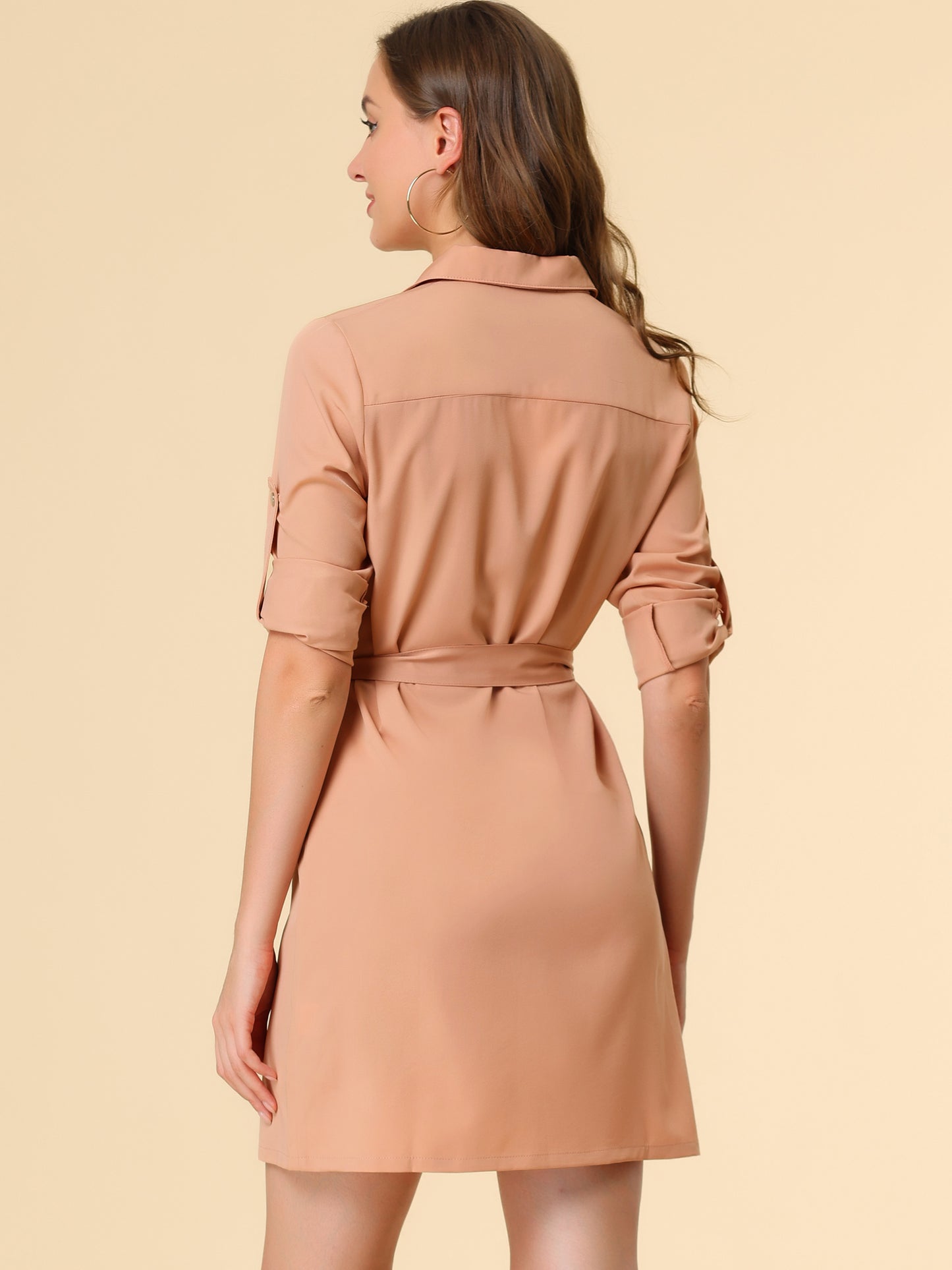 Women's Roll Up Sleeves Multi-Pocket Safari Belted Collared Shirt Dress