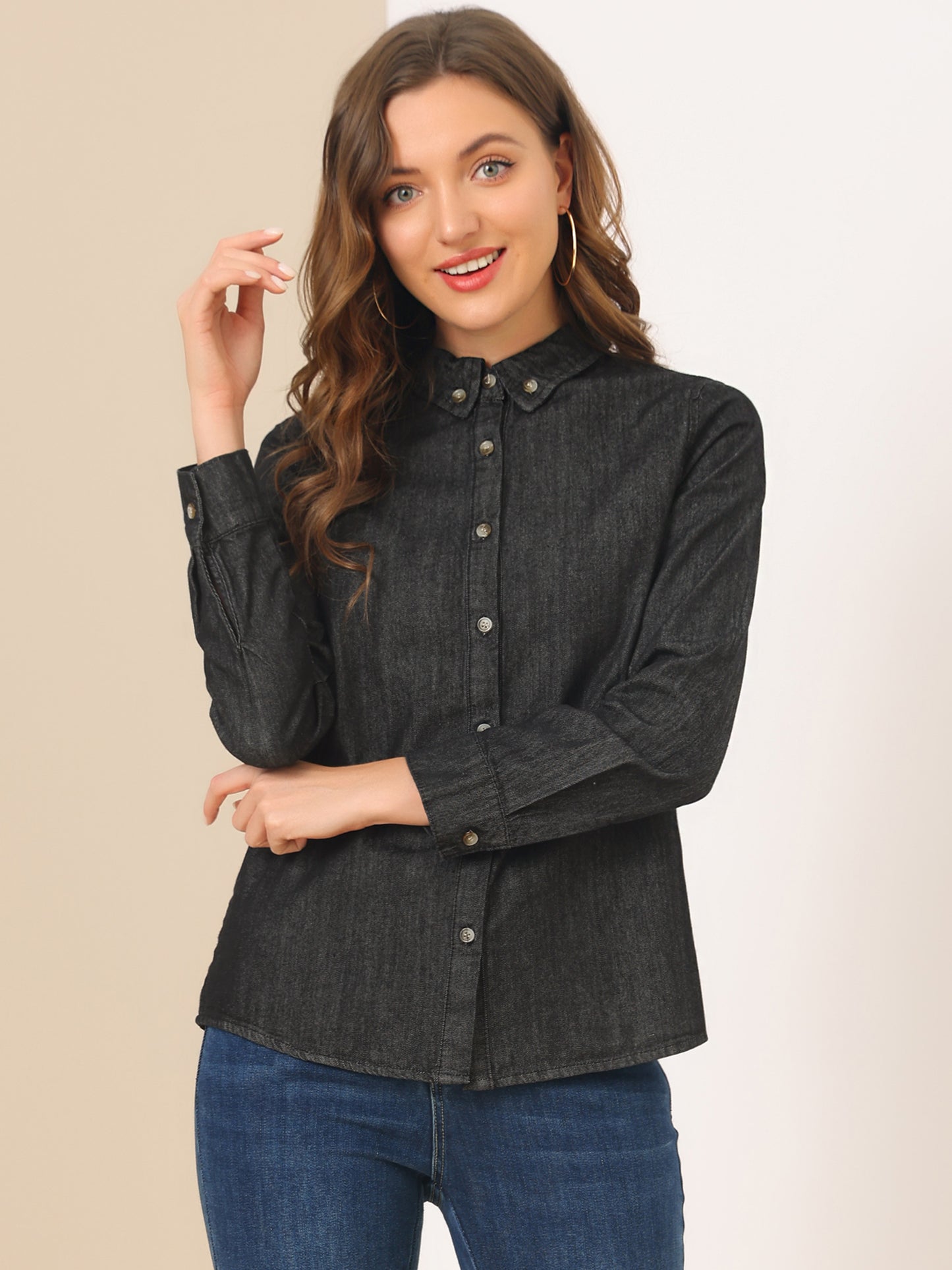 Women's Button Up Long Sleeve Collared Denim Shirt