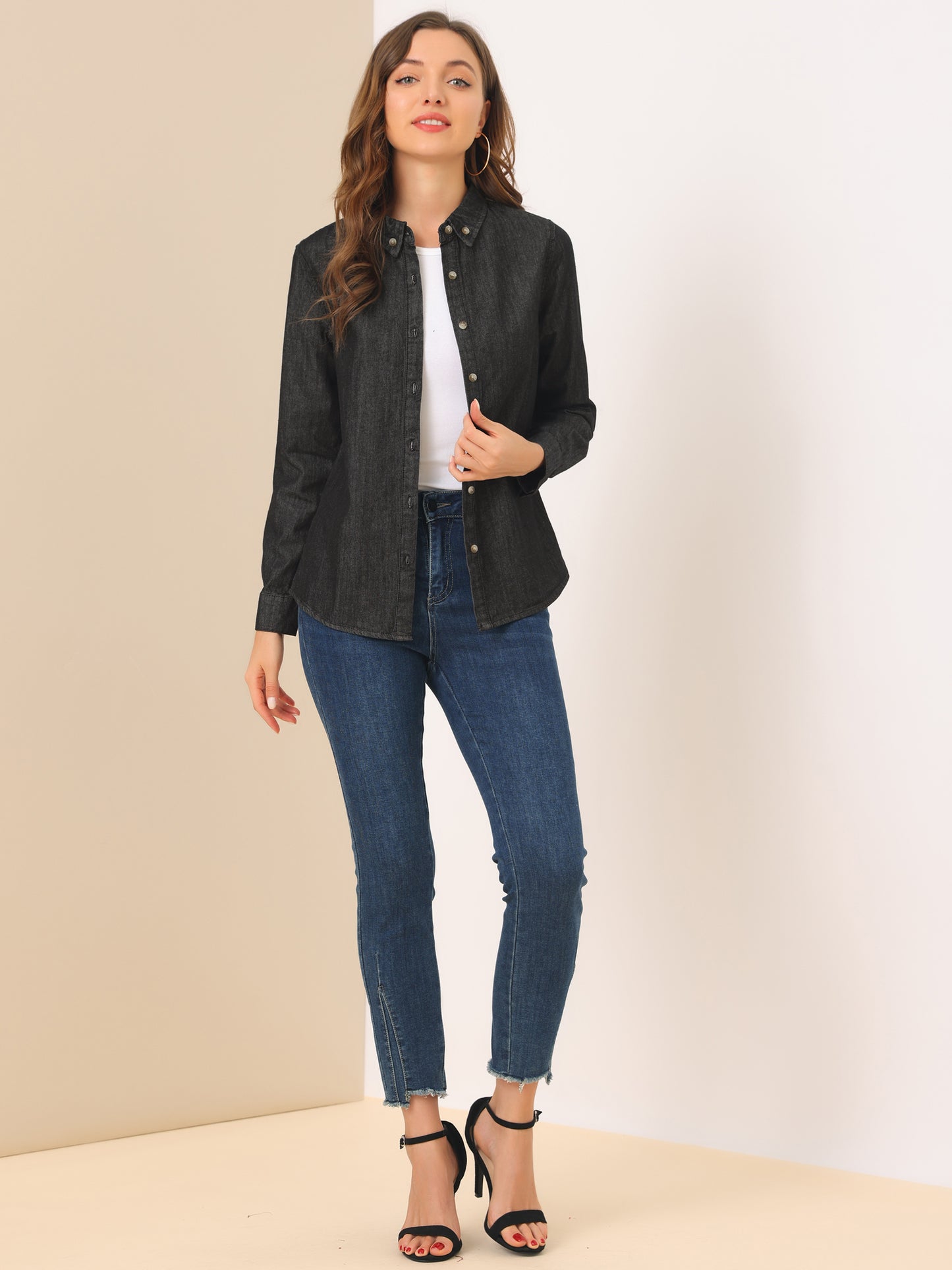 Women's Button Up Long Sleeve Collared Denim Shirt