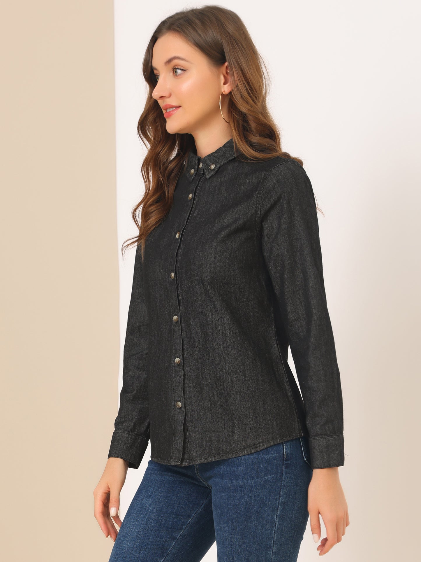 Women's Button Up Long Sleeve Collared Denim Shirt