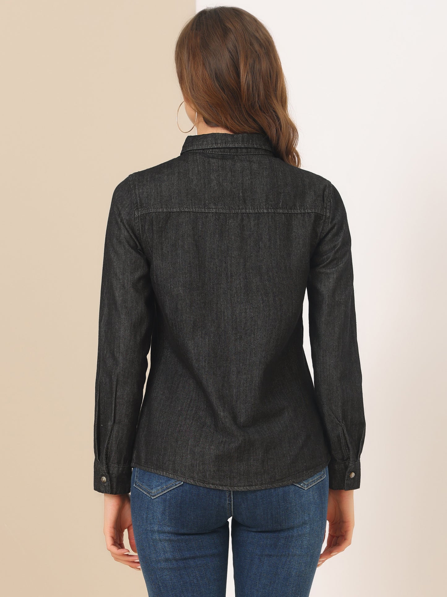 Women's Button Up Long Sleeve Collared Denim Shirt