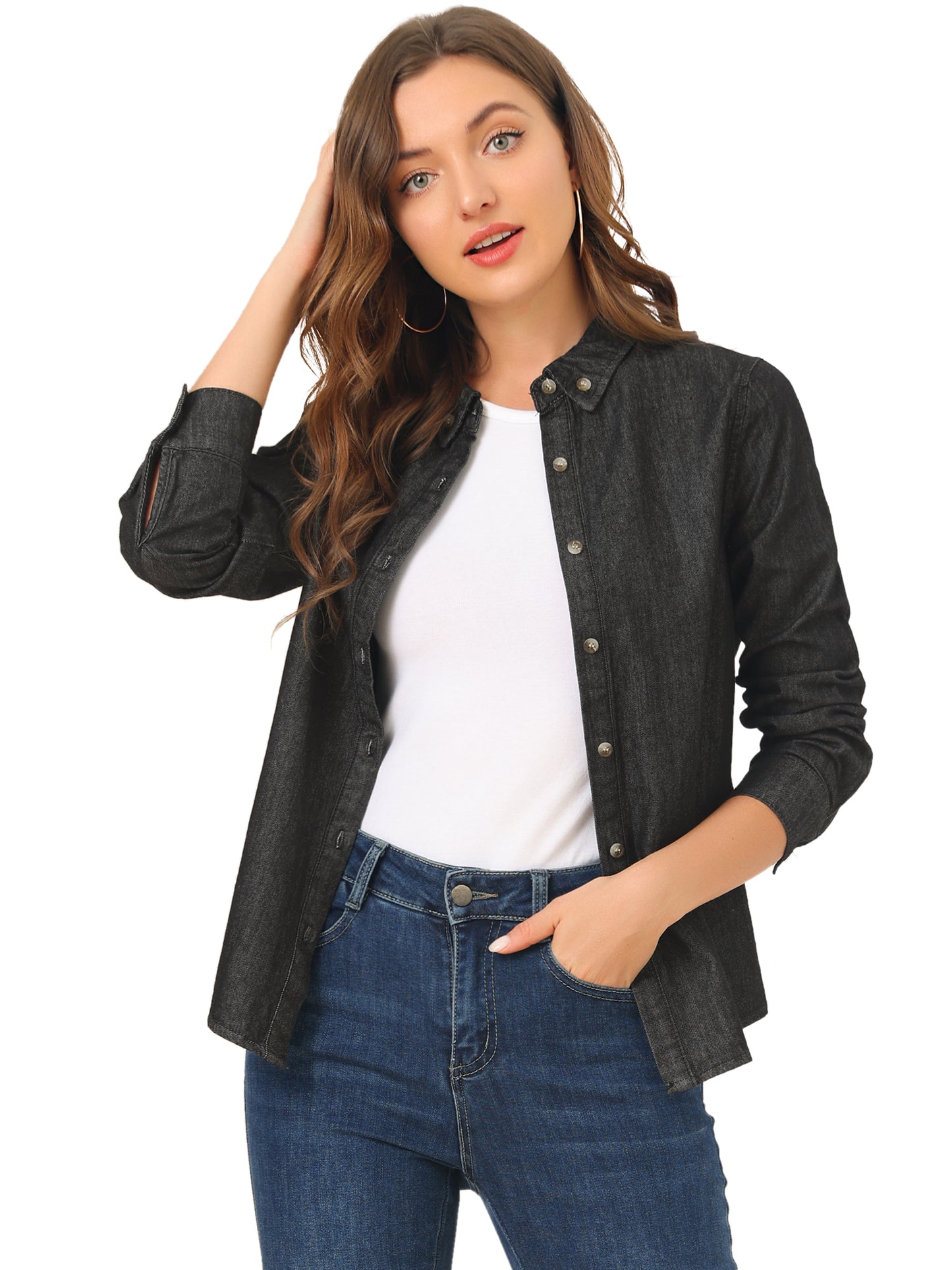 Women's Button Up Long Sleeve Collared Denim Shirt