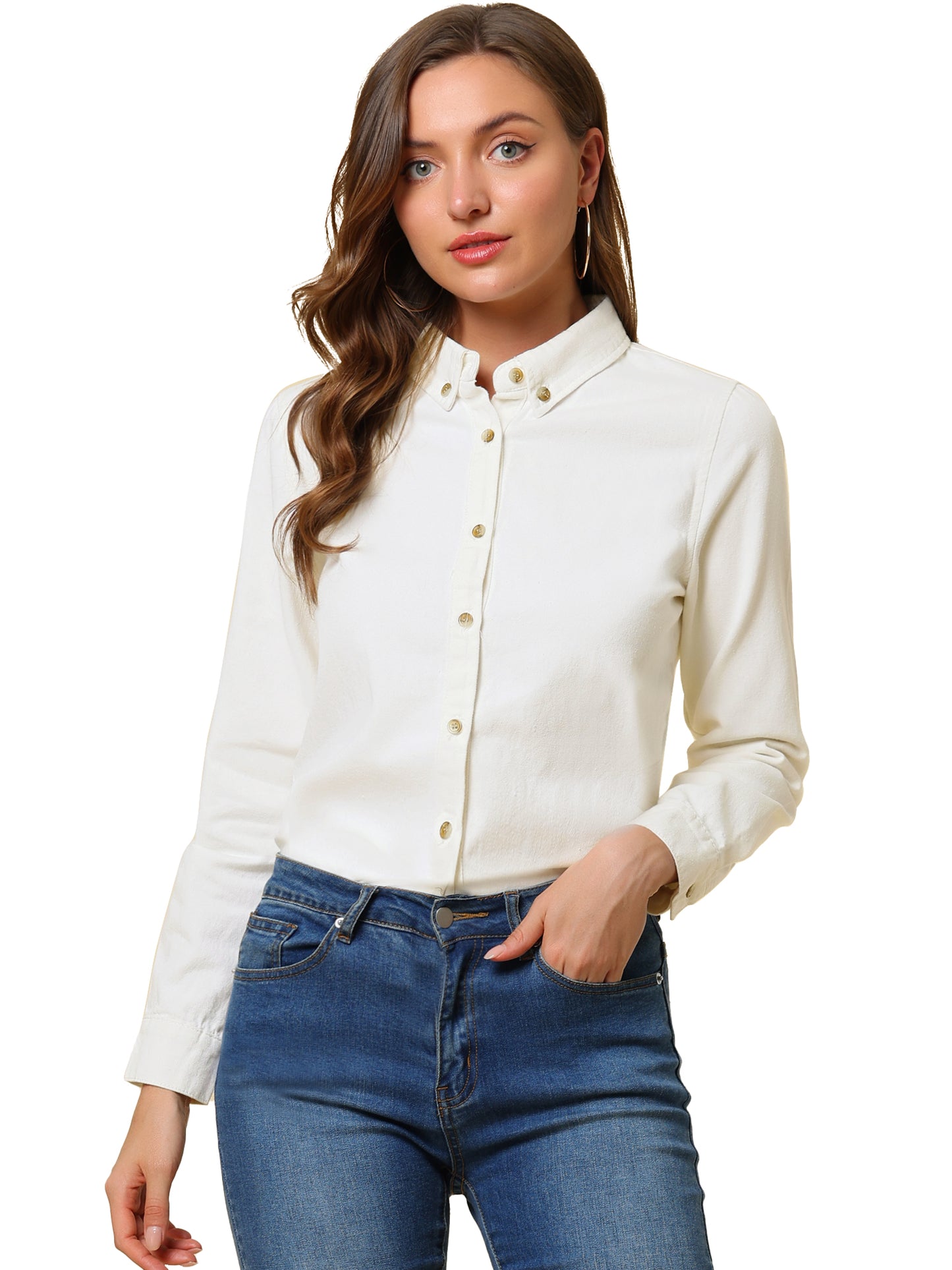Women's Button Up Long Sleeve Collared Denim Shirt