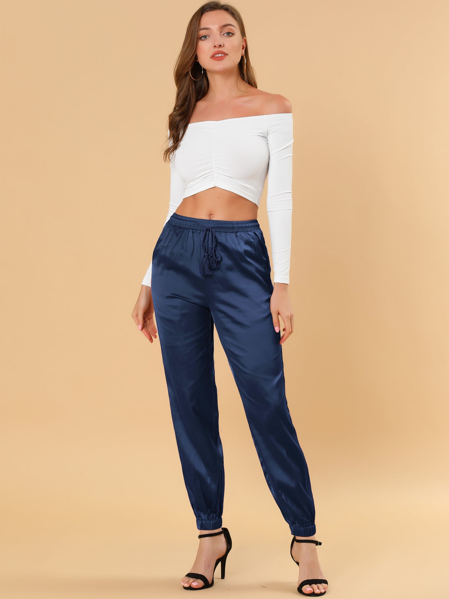 Women's Drawstring Elastic Waist Athleisure Pants Casual Ankle Length Satin Joggers with Pocket
