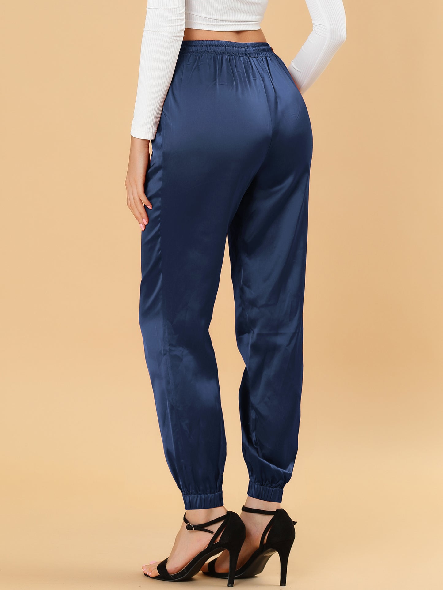 Women's Drawstring Elastic Waist Athleisure Pants Casual Ankle Length Satin Joggers with Pocket