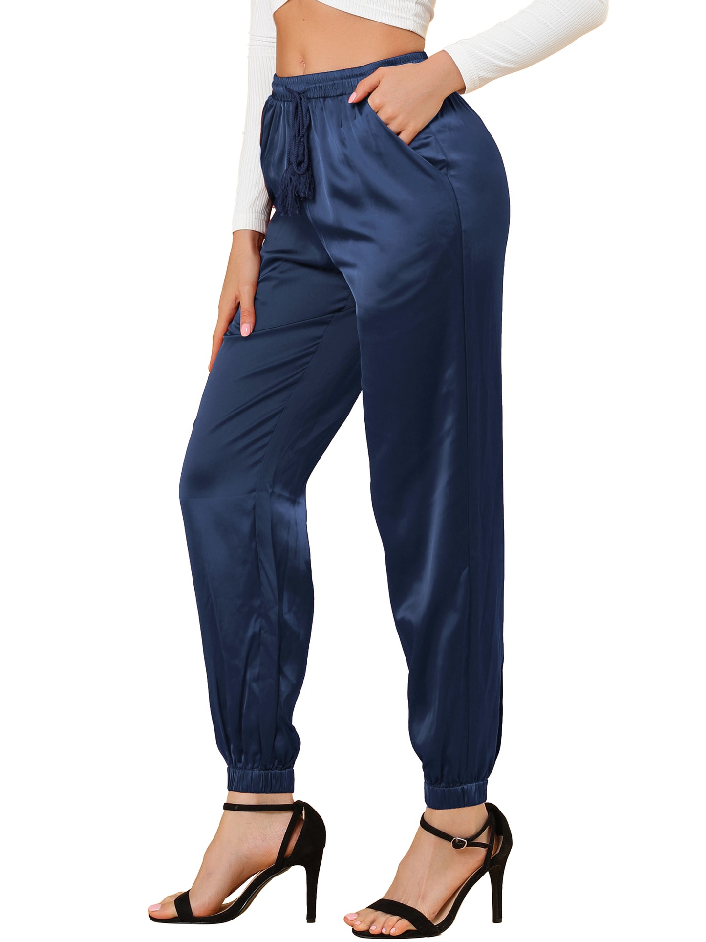 Women's Drawstring Elastic Waist Athleisure Pants Casual Ankle Length Satin Joggers with Pocket