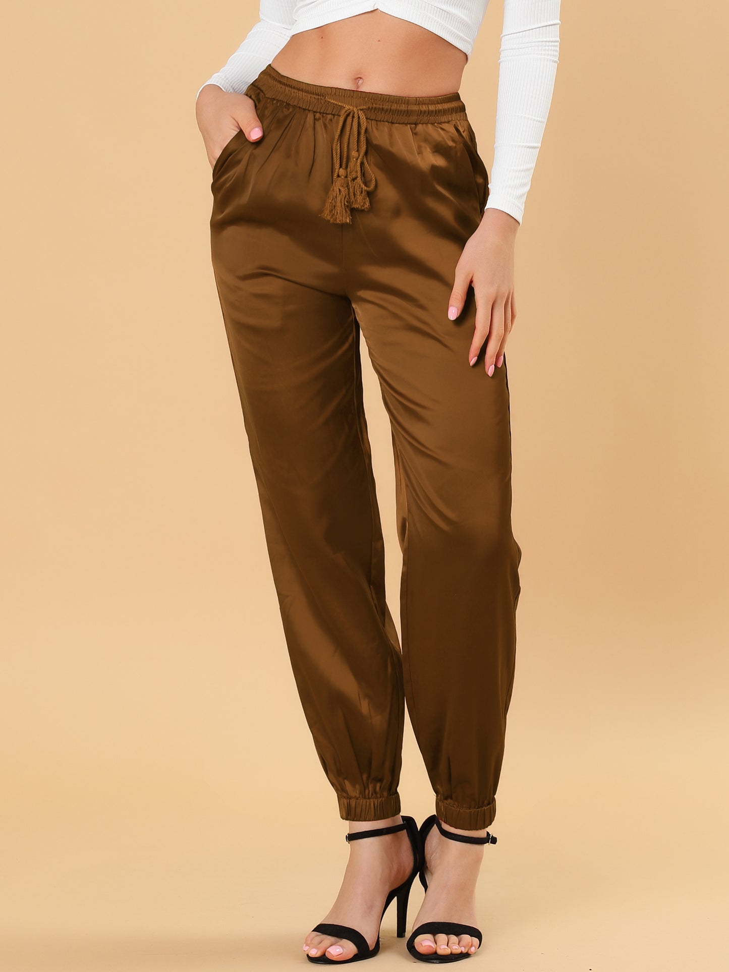 Women's Drawstring Elastic Waist Athleisure Pants Casual Ankle Length Satin Joggers with Pocket